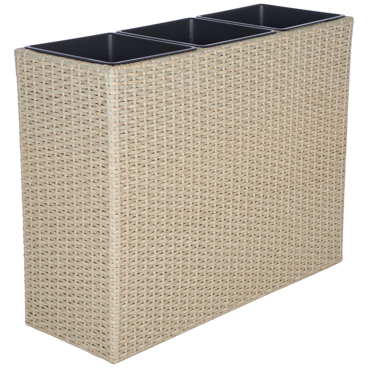Three dark planting bins sit above a long panel of textured beige wicker. || PAT7705B || front_angle_studio