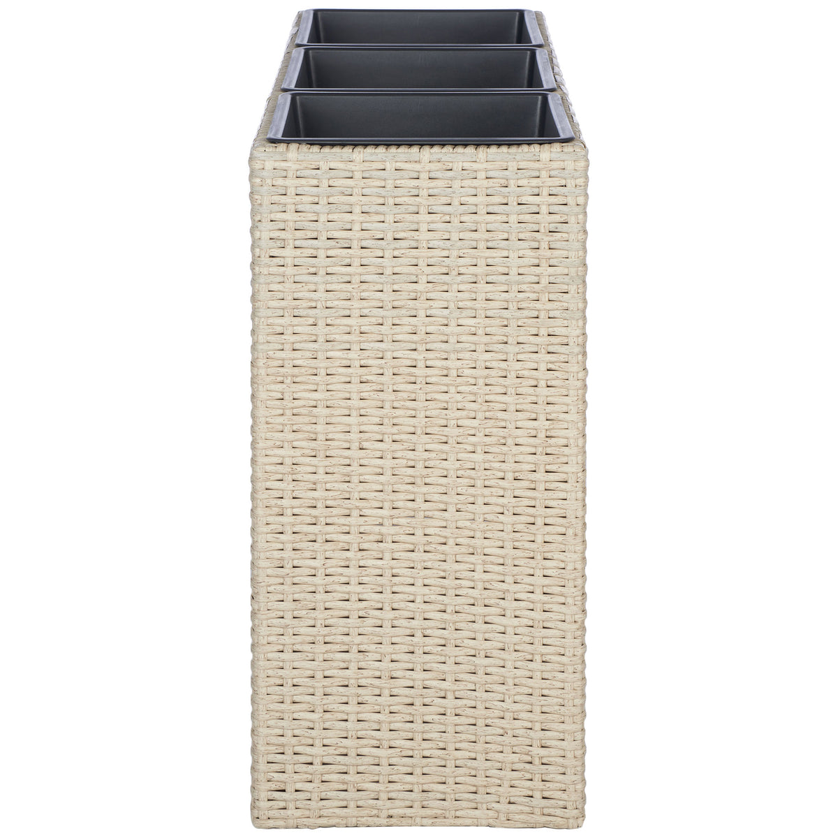 The slim beige wicker planter fits neatly into narrow outdoor spaces. || PAT7705B || side_studio