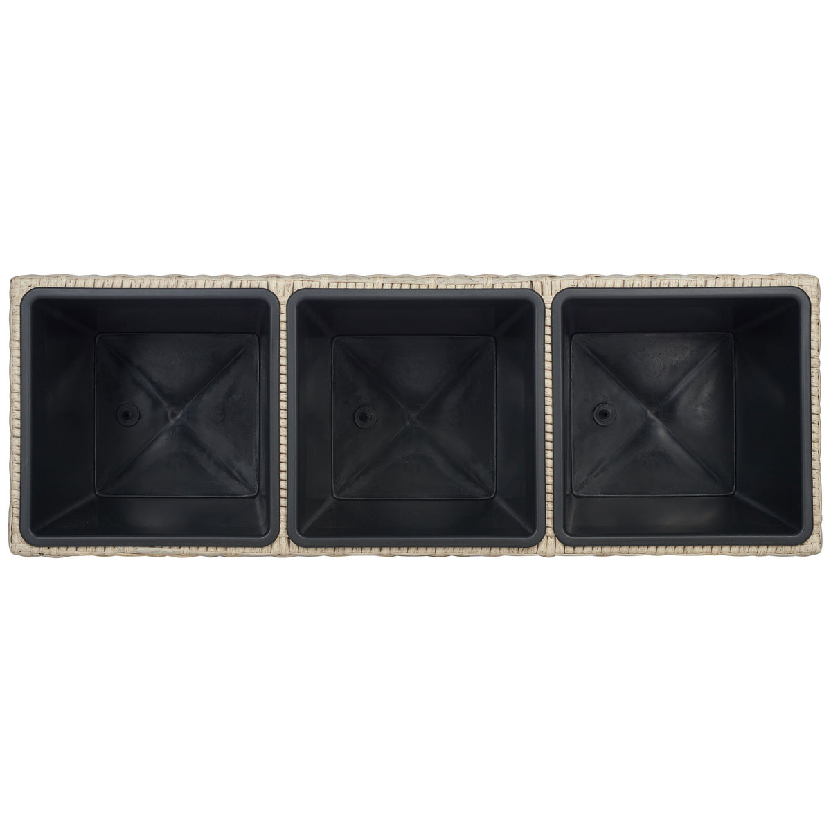 Three separate black inserts keep plantings organized within a beige wicker frame. || PAT7705B || top_studio