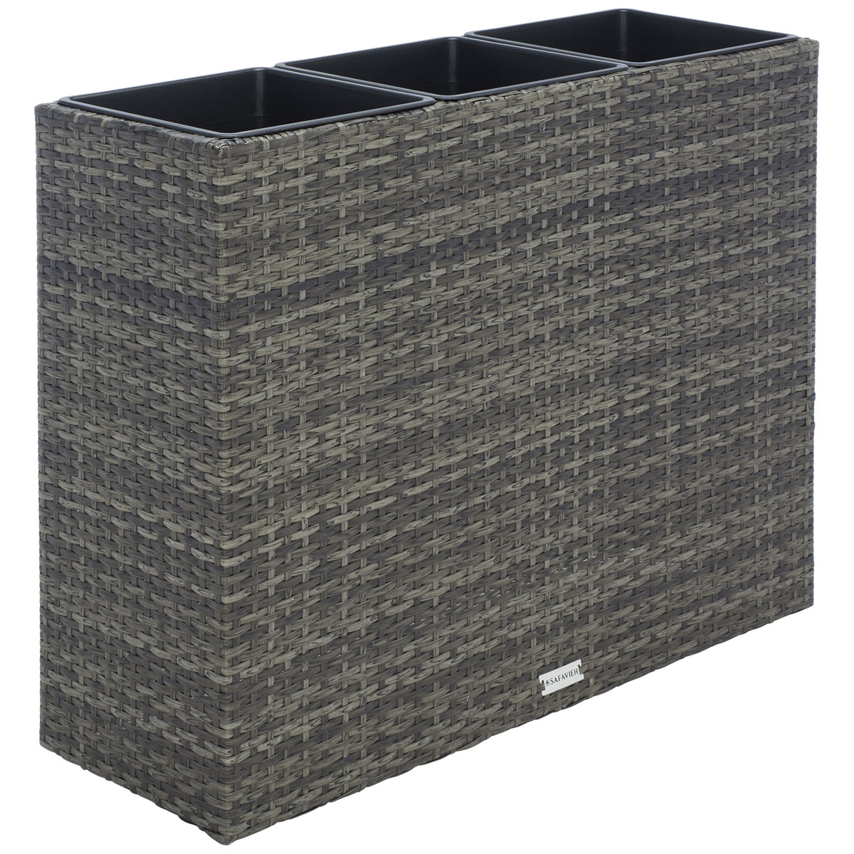 Three black planting inserts nest inside a slim gray-brown wicker frame. || PAT7705C || back_angle_studio