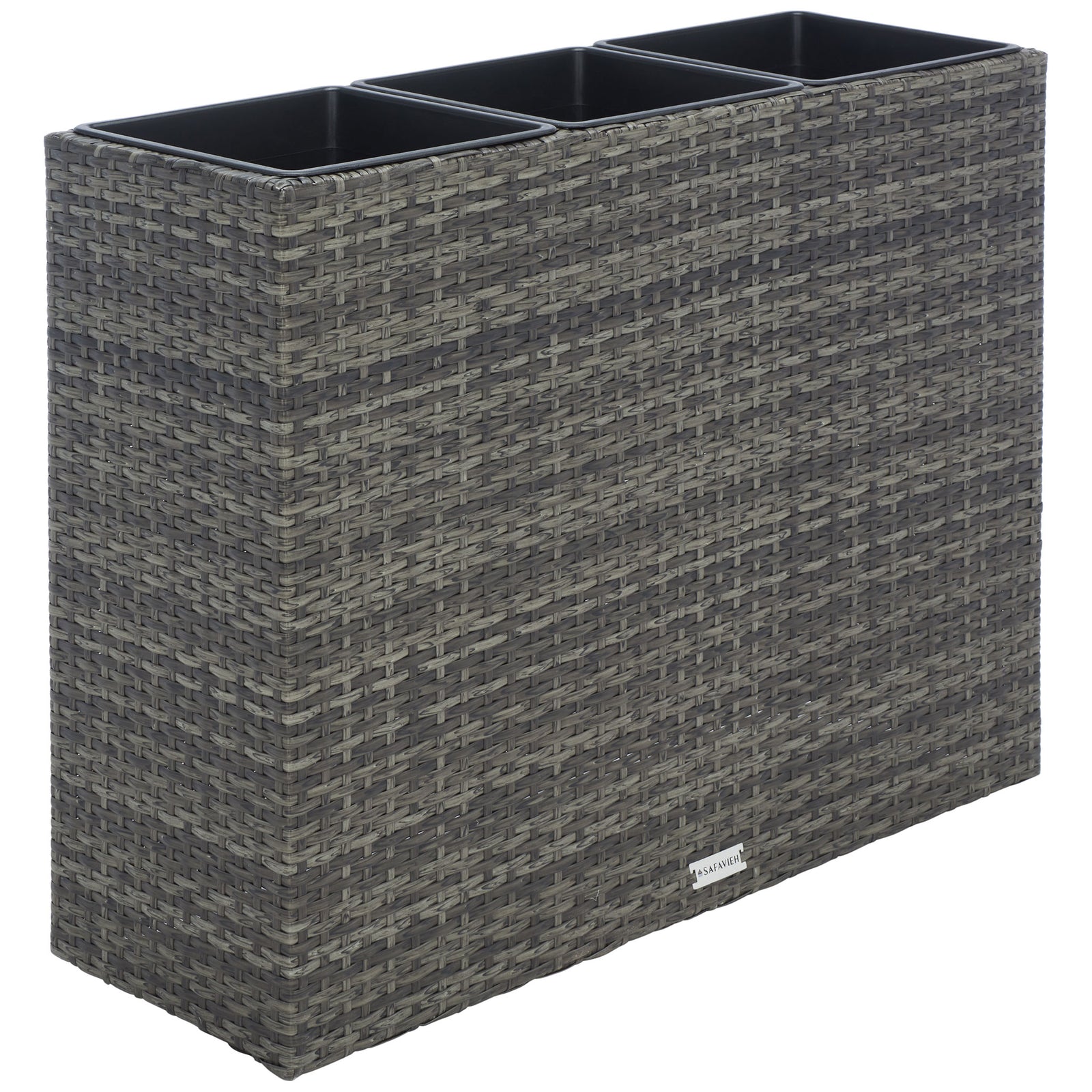 Three black planting inserts nest inside a slim gray-brown wicker frame. || PAT7705C || back_angle_studio