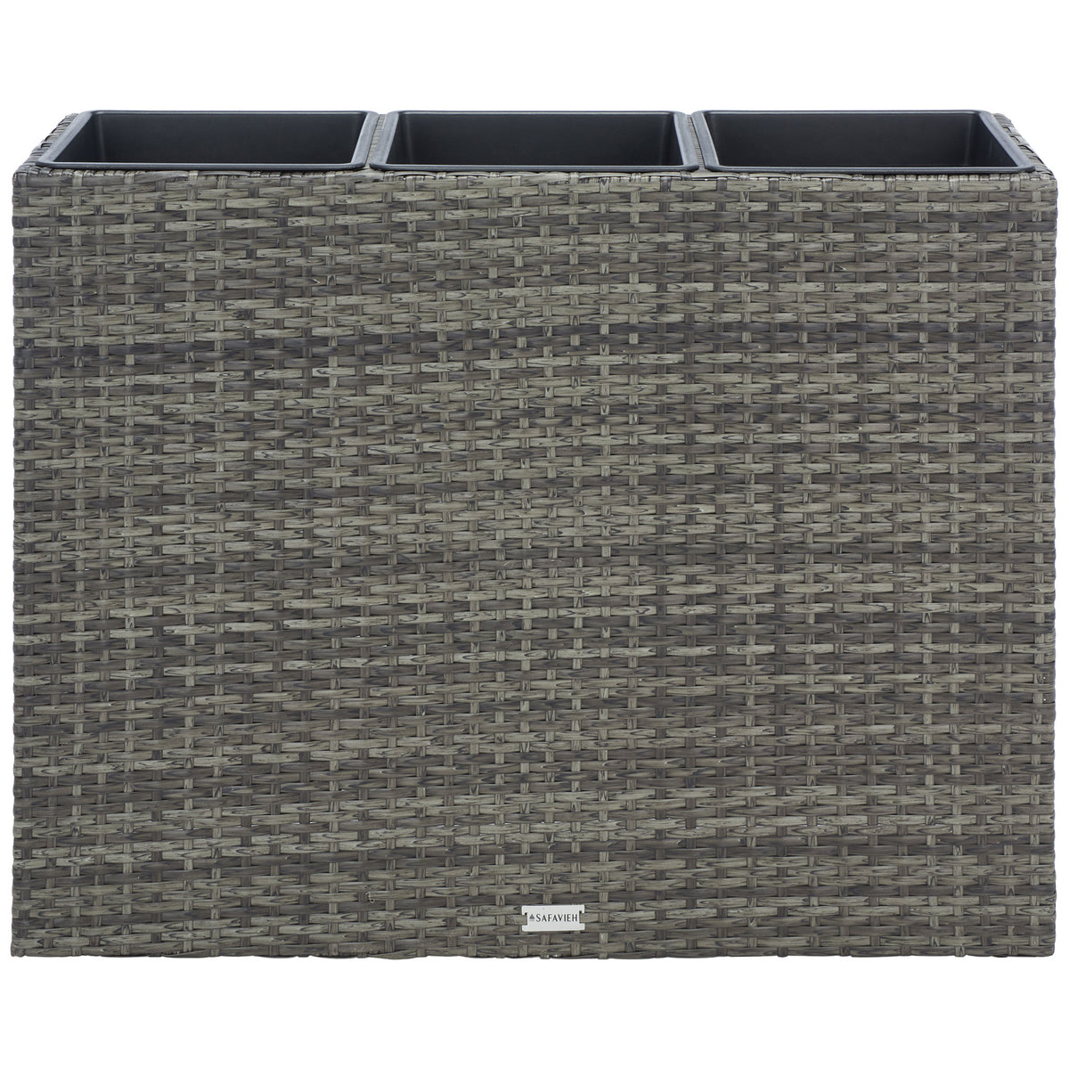 Gray-brown woven wicker gives this three-bin planter a rich, varied texture. || PAT7705C || back_studio