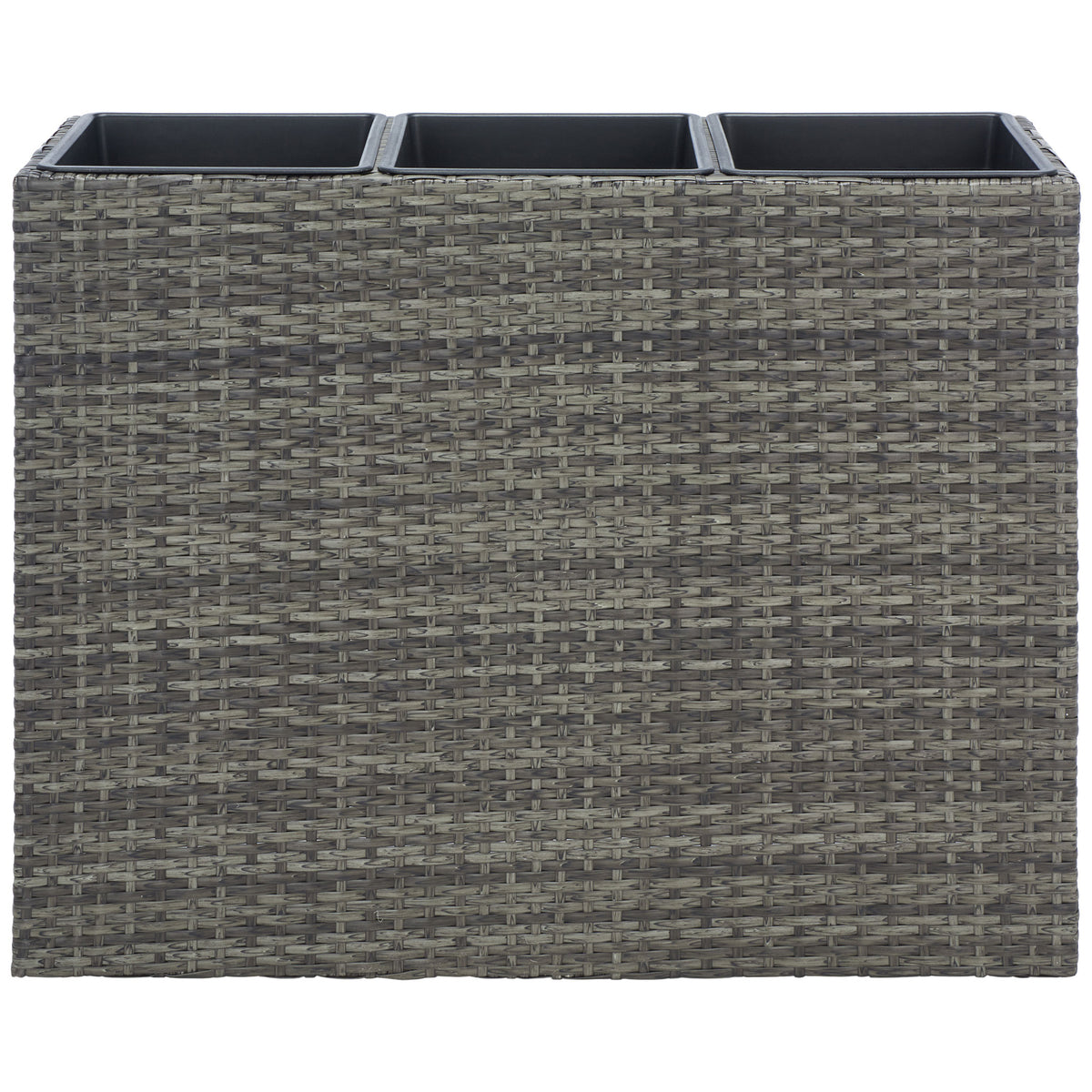 A tailored gray-brown wicker planter offers space for three arrangements. || PAT7705C || front_studio