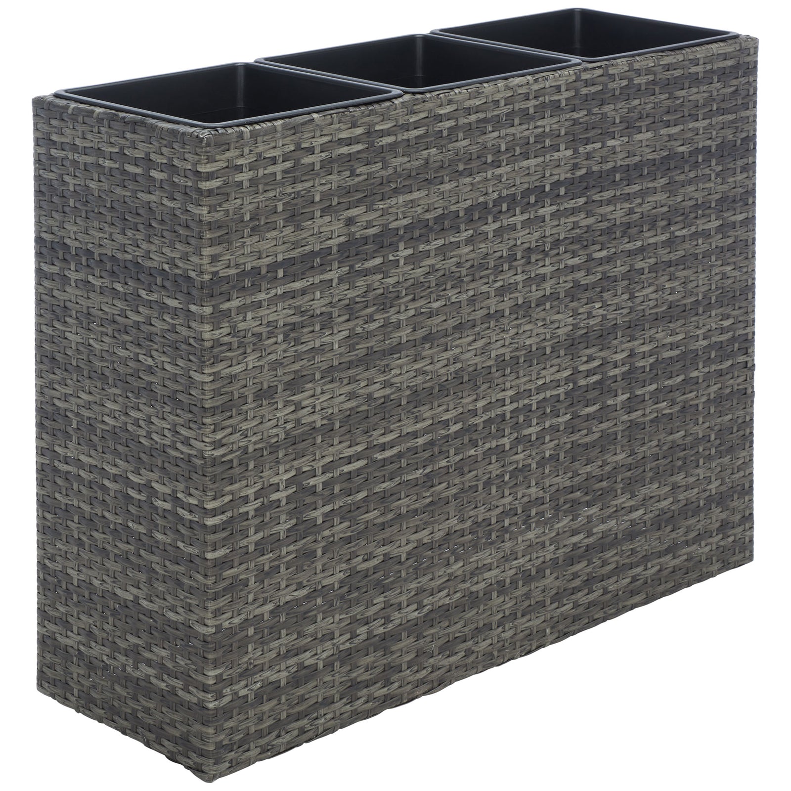A slender gray-brown planter combines three black inserts with woven wicker. || PAT7705C || back_angle_studio
