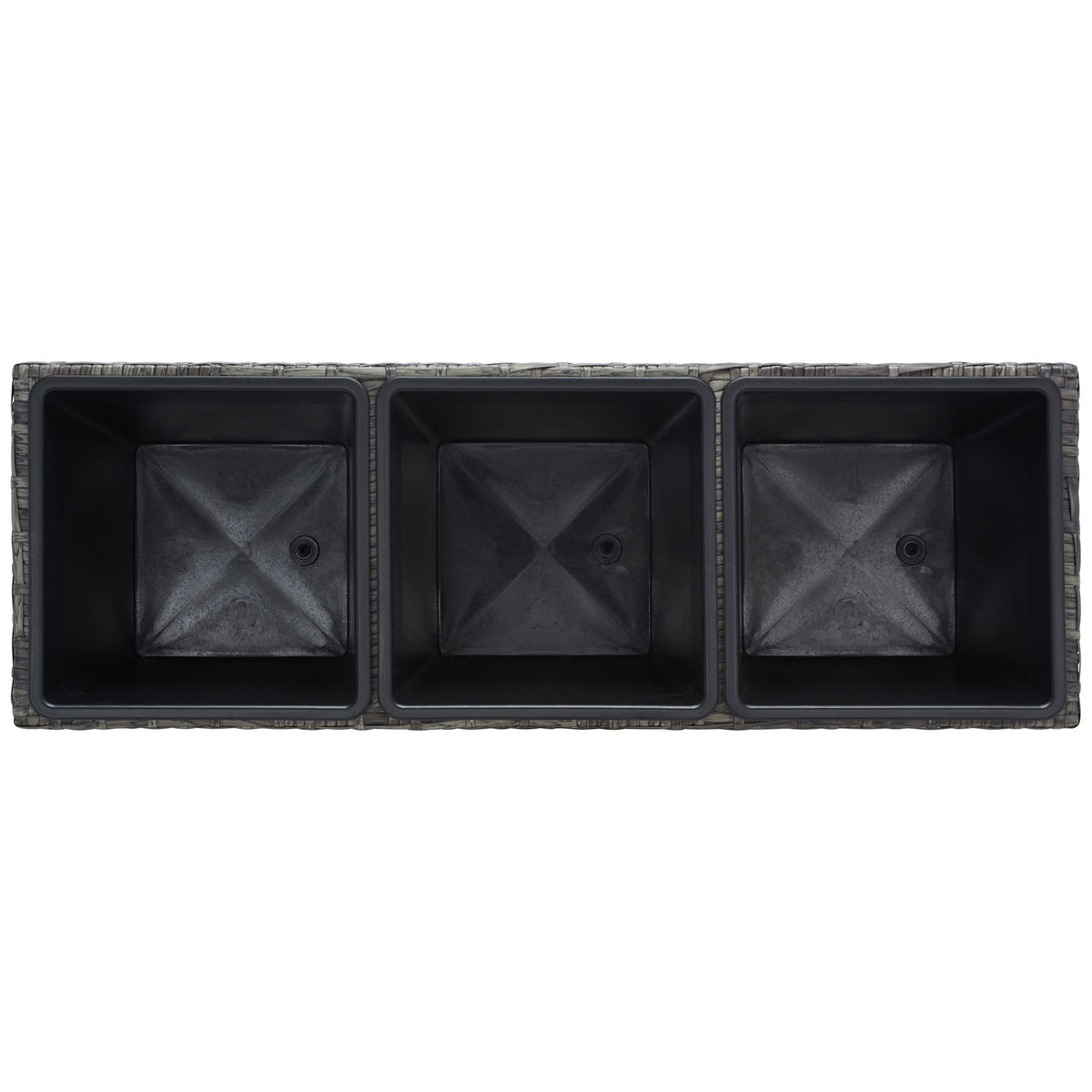 Three distinct black planting wells sit within a gray-brown woven surround. || PAT7705C || top_studio