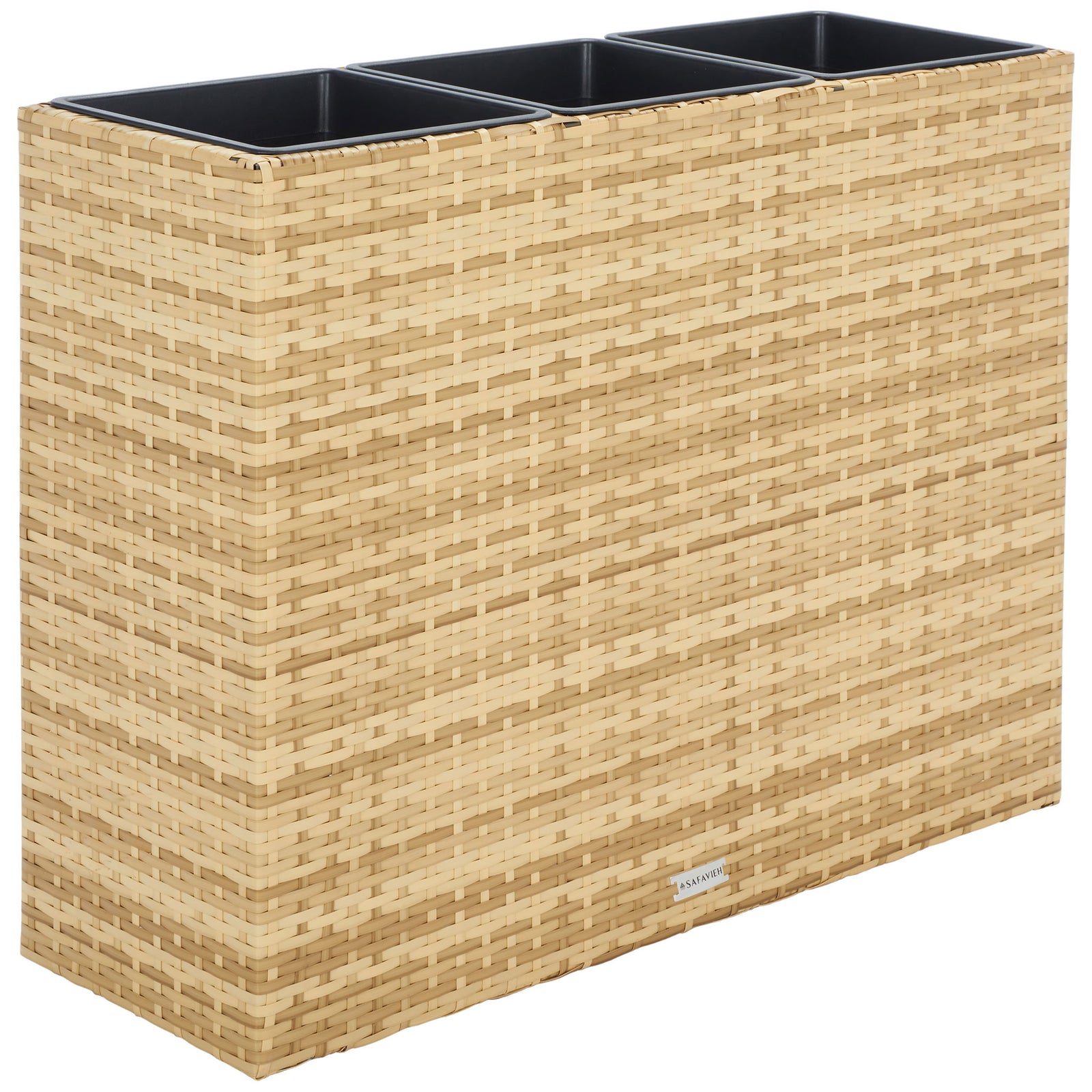 Three dark planting inserts contrast with the warm, natural-toned wicker wrap. || PAT7705D || back_angle_studio