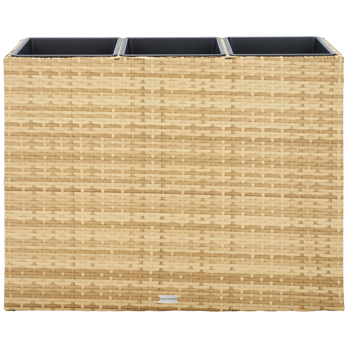 Natural-toned wicker lends warmth to a streamlined three-compartment planter. || PAT7705D || back_studio