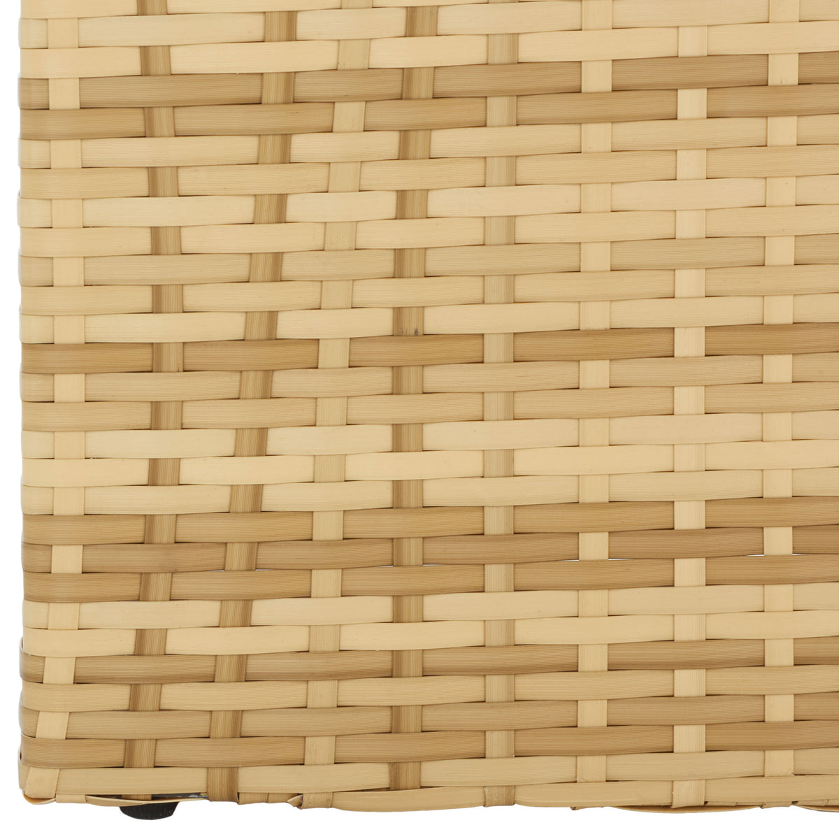 Golden wicker continues to the lower edge of the planter's rectangular frame.