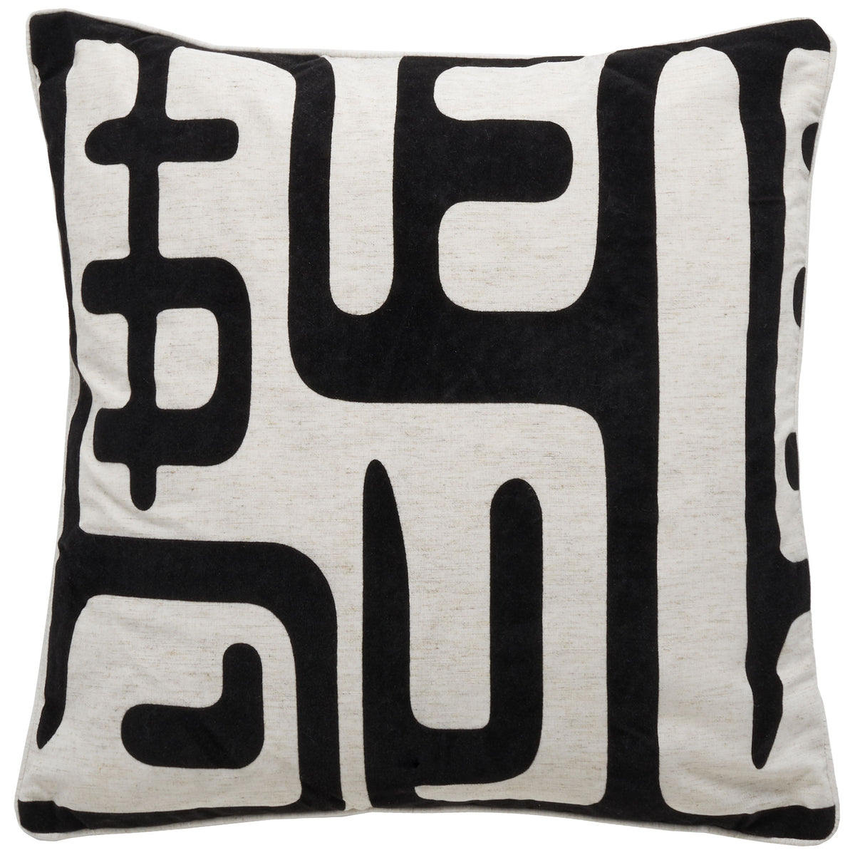 Bold black abstract applique winds across an ivory square pillow || PIL162A-2222-SET2 || front_studio