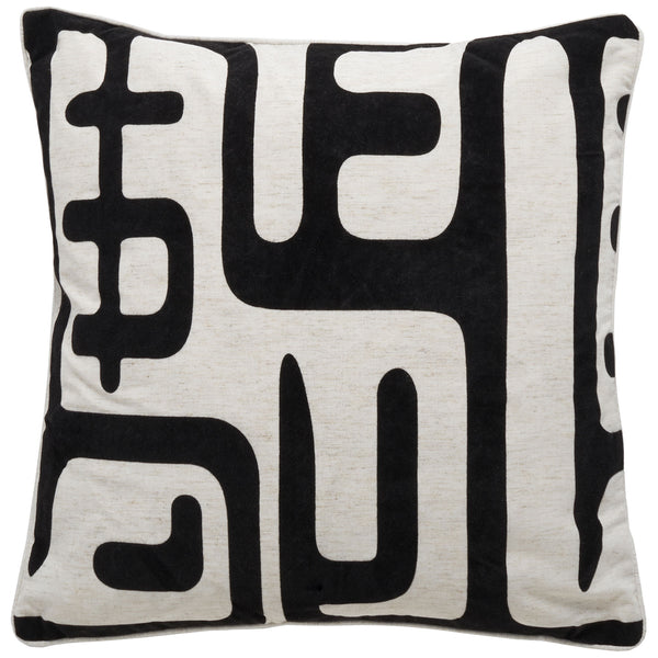 Bold black abstract applique winds across an ivory square pillow || PIL162A-2222-SET2 || front_studio