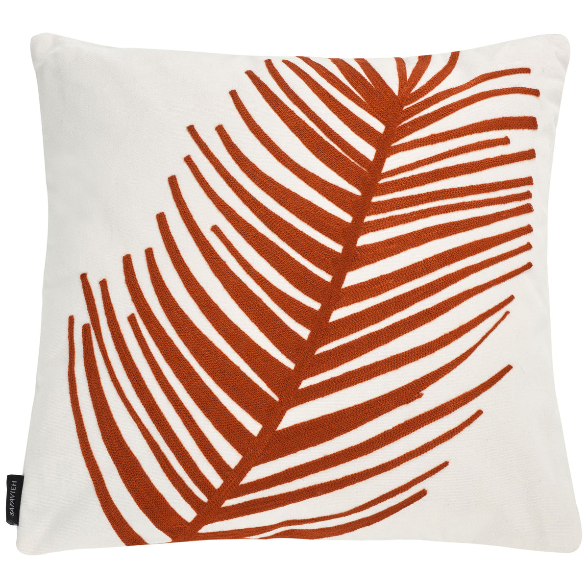 An oversized sienna-orange palm frond sweeps across an ivory cotton pillow || PIL861A-1818-SET2 || front_studio