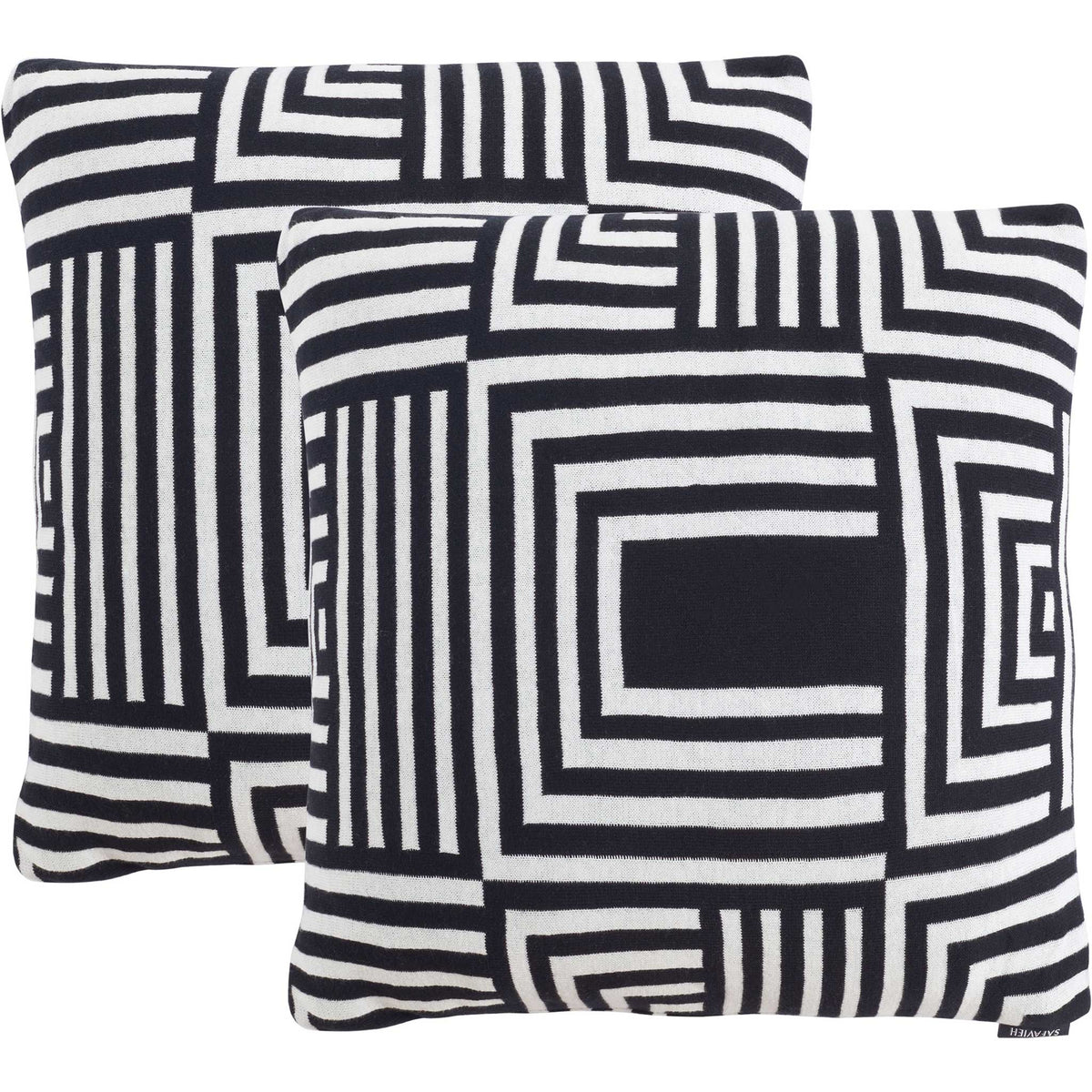 Striking black-and-ivory concentric lines create a graphic statement on this set of two square pillows || PLS401A-1818-SET2 || back_multi_studio