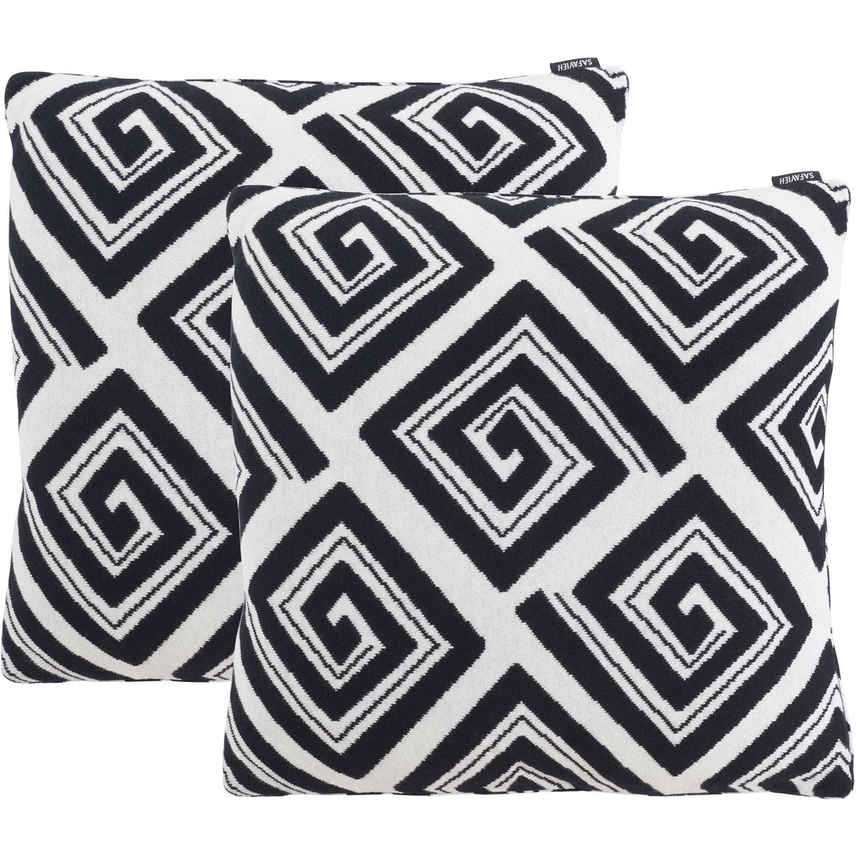 Set of two black and ivory pillows with bold diamond spiral pattern for graphic contrast. || PLS403A-1818-SET2 || front_multi_studio