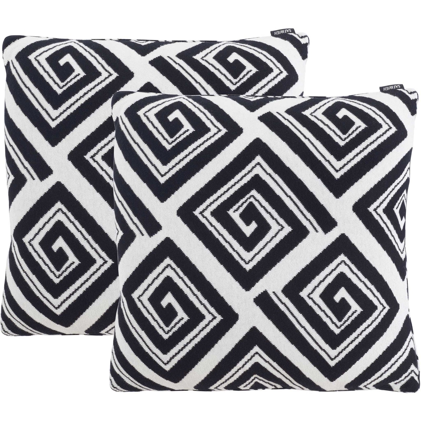 Set of two black and ivory pillows with bold diamond spiral pattern for graphic contrast. || PLS403A-1818-SET2 || front_multi_studio