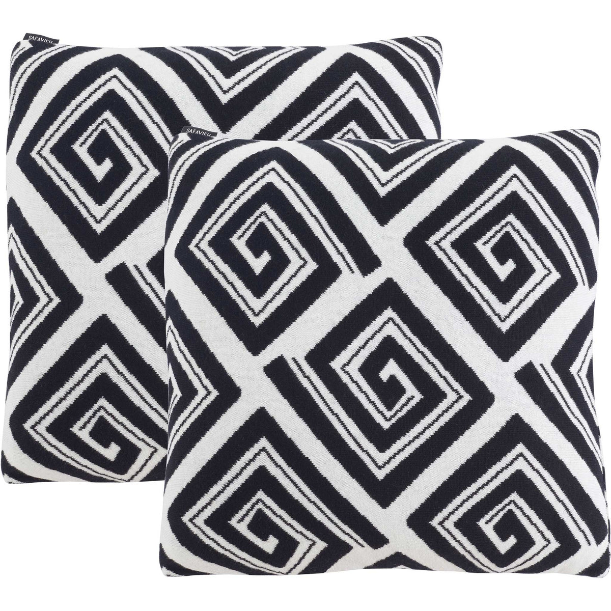 Pair of Veda pillows showcasing striking black and ivory geometric swirls in soft woven texture. || PLS403A-1818-SET2 || front_multi_studio