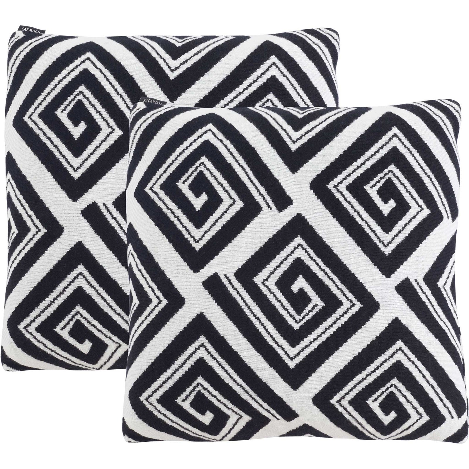 Set of two black and ivory pillows with bold diamond spiral pattern for graphic contrast. || PLS403A-1818-SET2 || front_multi_studio