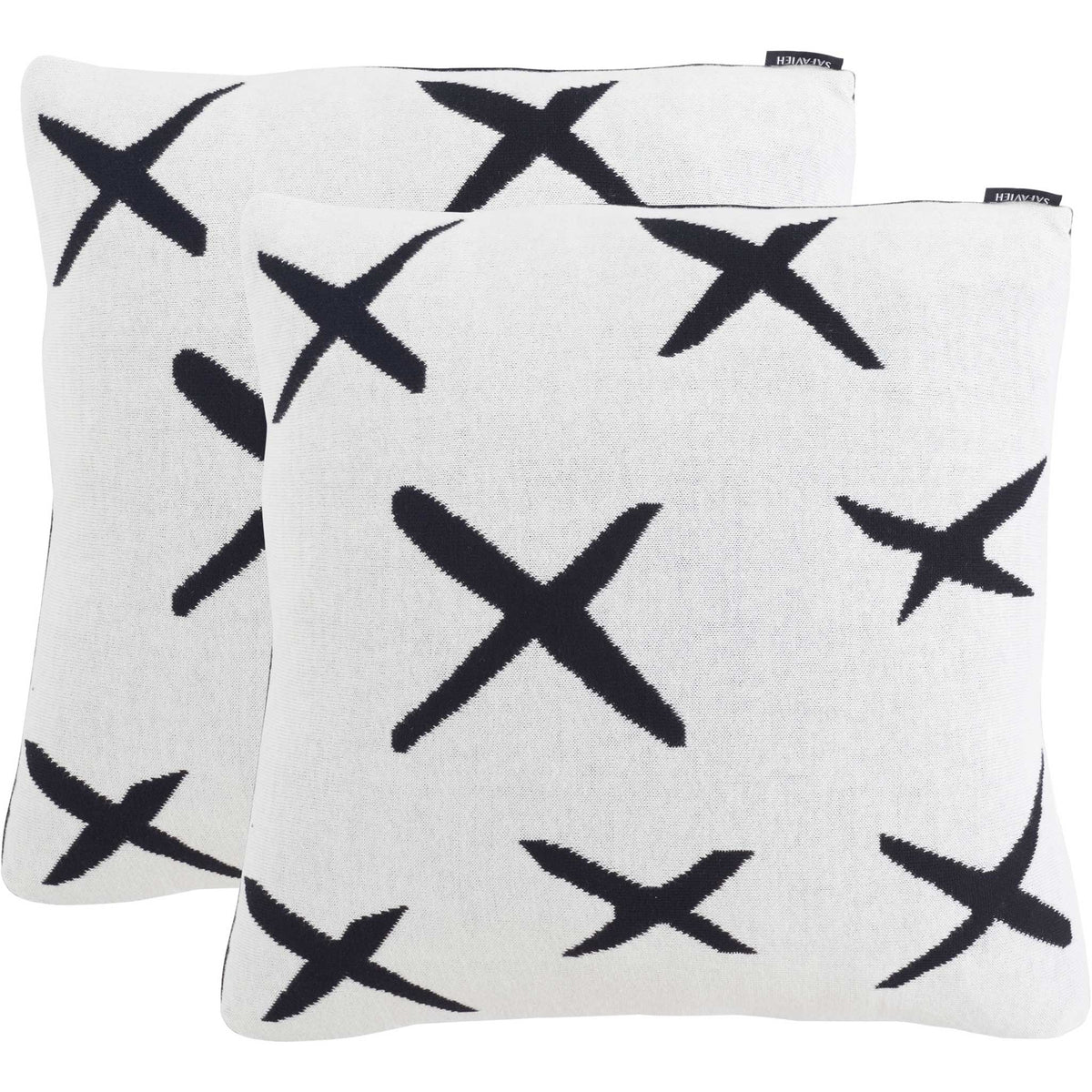 Ivory pillows with bold black X motifs and a soft knit texture. || PLS404A-1818-SET2 || back_multi_studio
