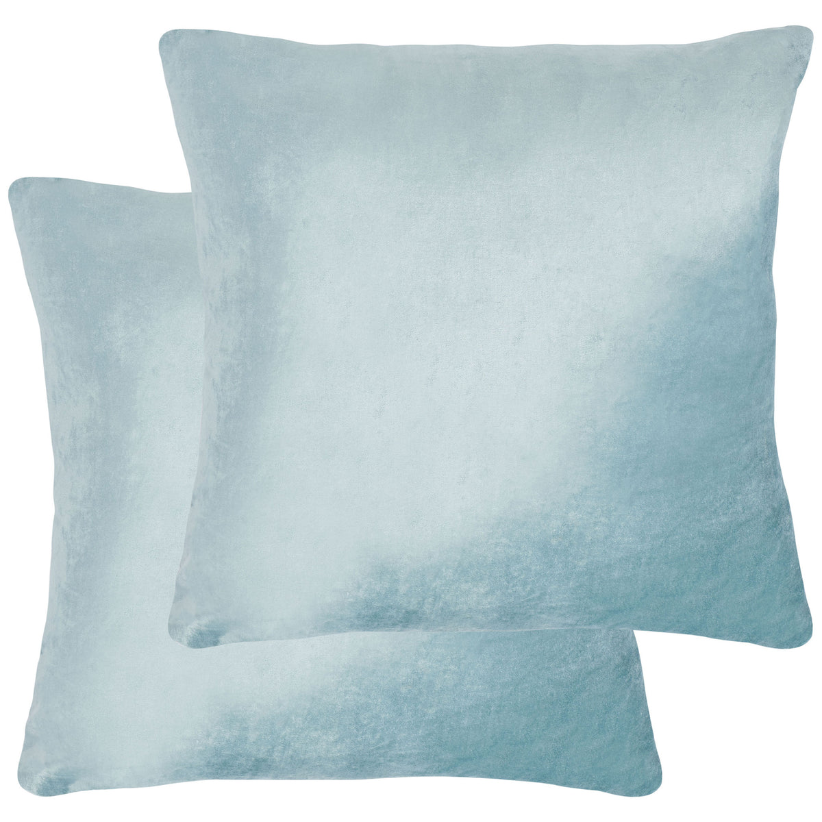 Two aqua pillows feature gently shaded fabric and generously filled square silhouettes. || PLS500B-1818-SET2 || back_multi_studio