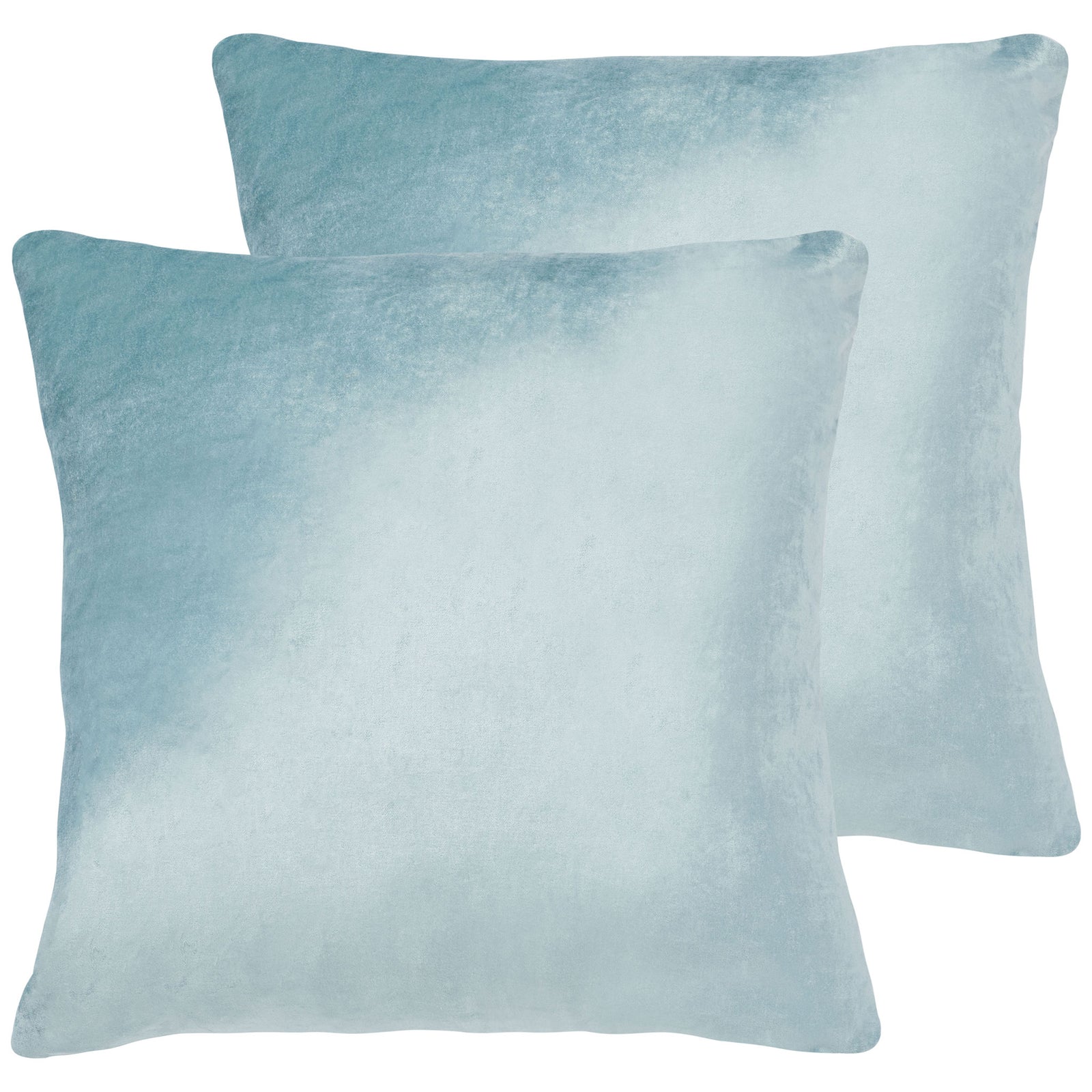 Two aqua square pillows offer cloudlike color, plush fullness, and a soft sheen. || PLS500B-1818-SET2 || front_multi_studio