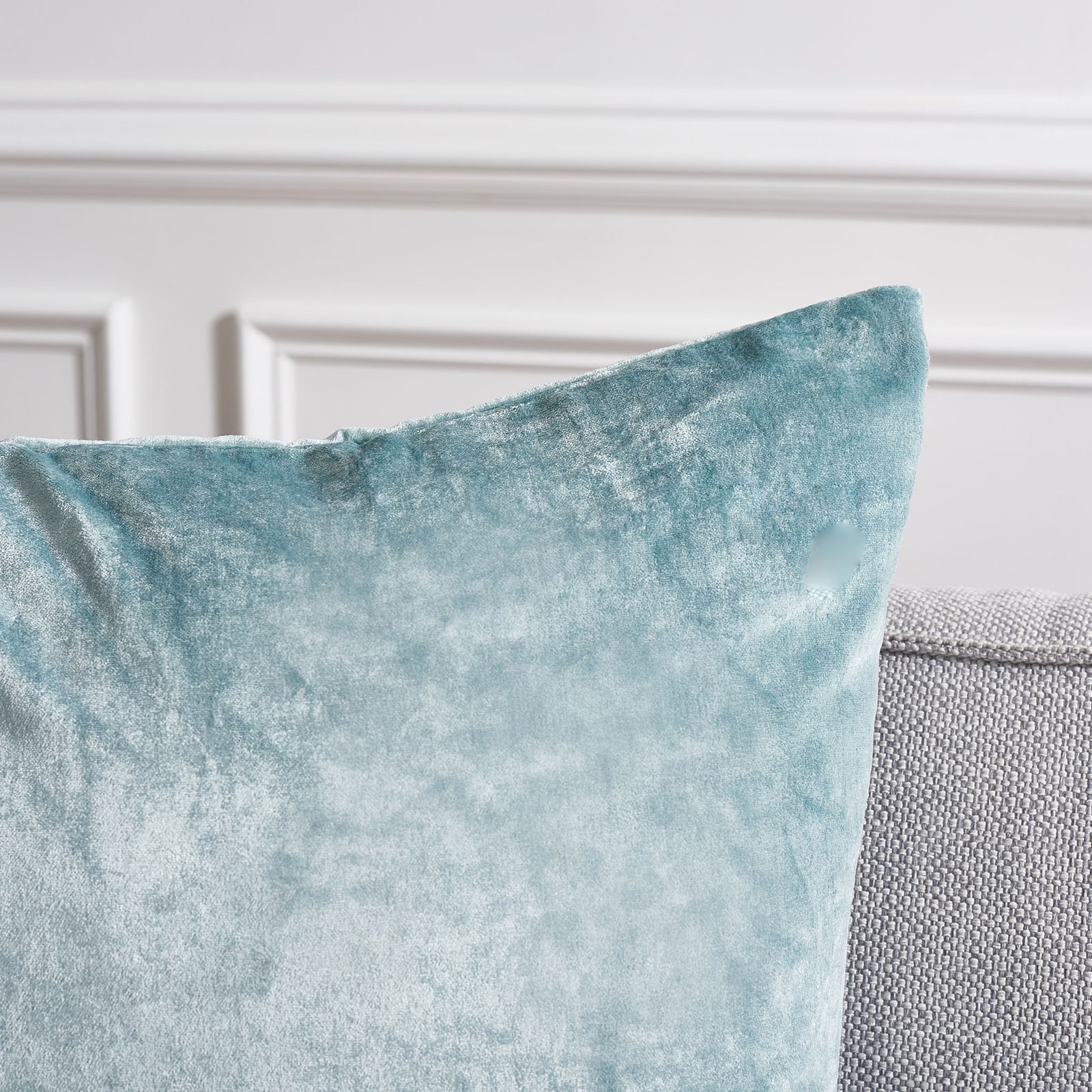 Aqua fabric catches the light across a plush pillow corner and tailored seam. || PLS500B-2222-SET2 || detail_room