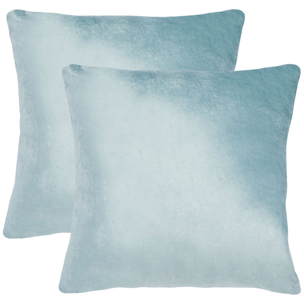 Two 22-inch aqua pillows pair generous square shapes with a cool, velvety sheen || PLS503B-2222-SET2 || front_multi_studio