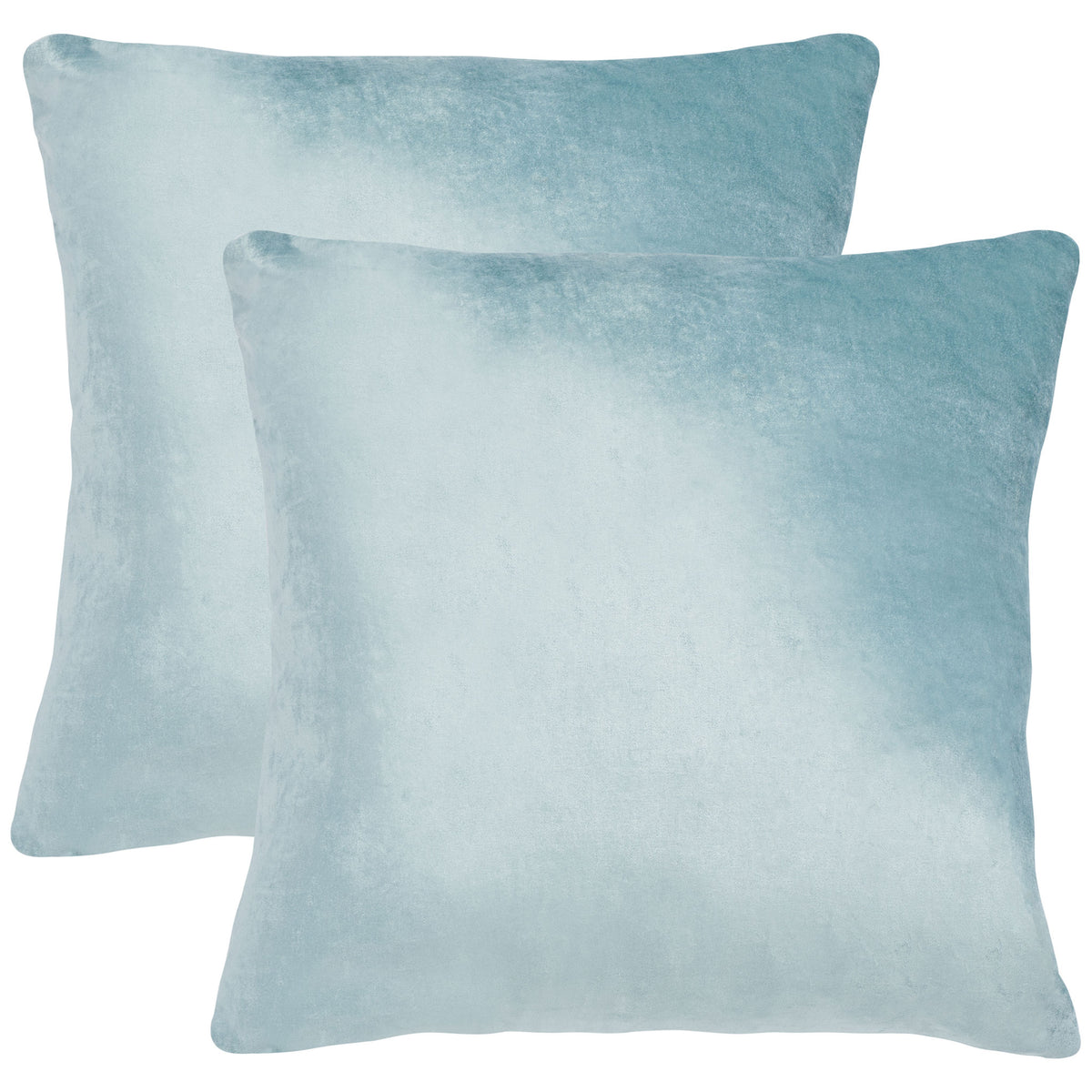 Two 22-inch aqua pillows pair generous square shapes with a cool, velvety sheen || PLS503B-2222-SET2 || front_multi_studio