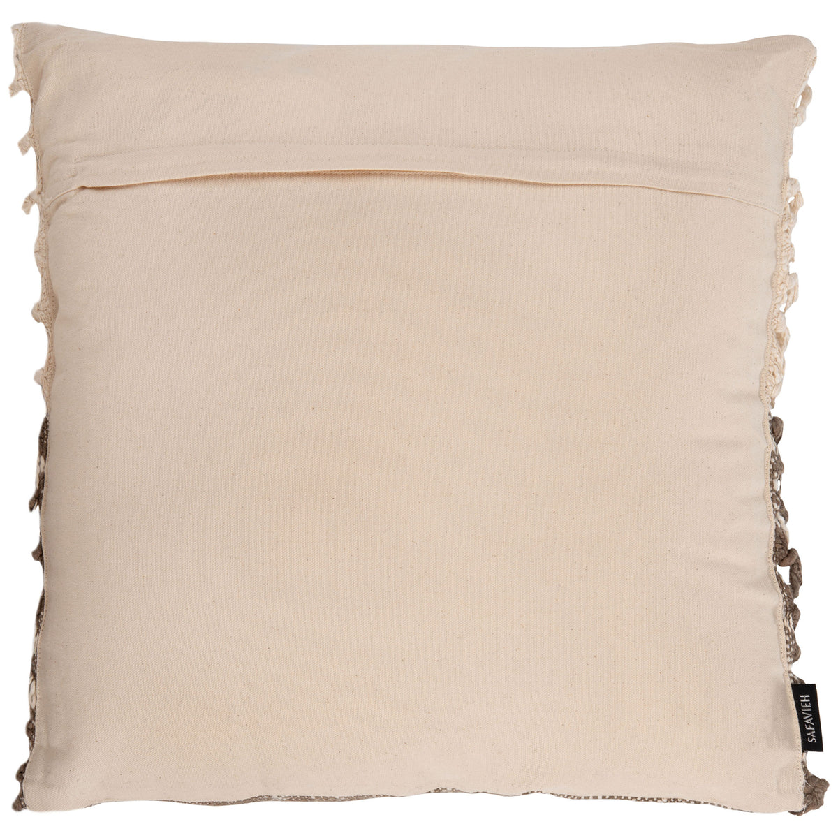 Smooth beige pillow back with a subtle horizontal seam and fringe along the sides || PLS6532A-1818 || back_studio