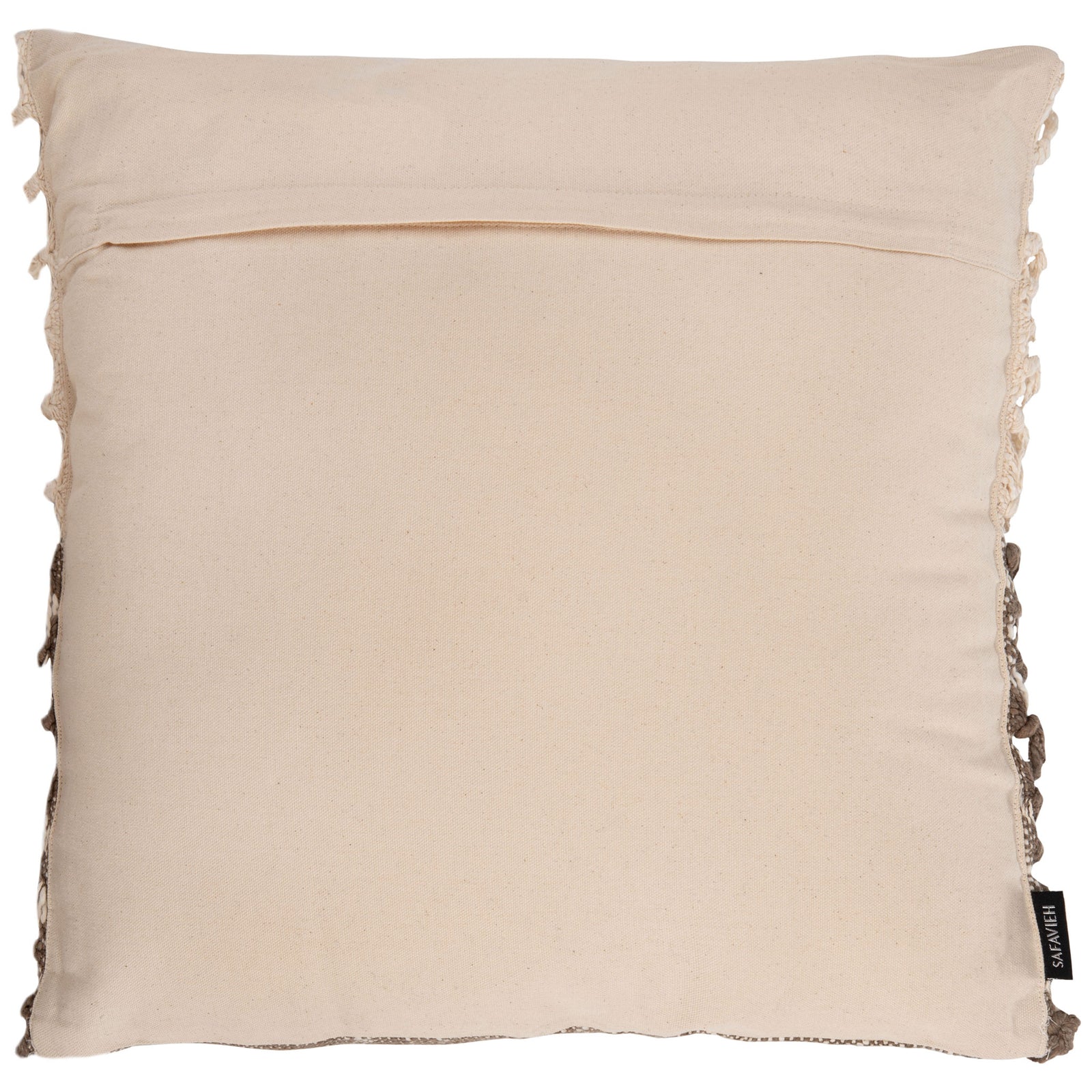 Smooth beige pillow back with a subtle horizontal seam and fringe along the sides || PLS6532A-1818 || back_studio