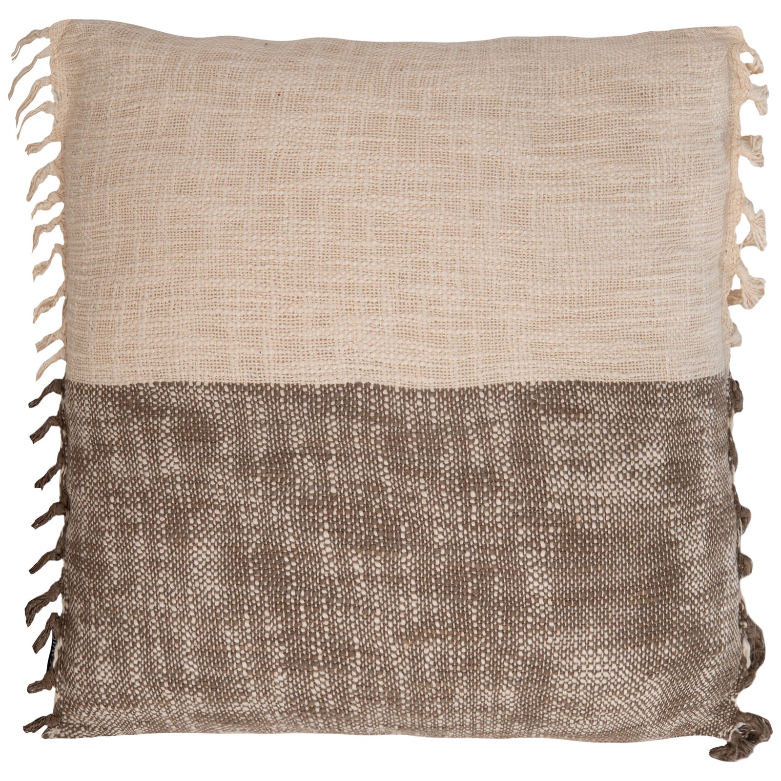 Beige and taupe color-blocked pillow with textured woven panels and tasseled edges || PLS6532A-1818 || front_studio