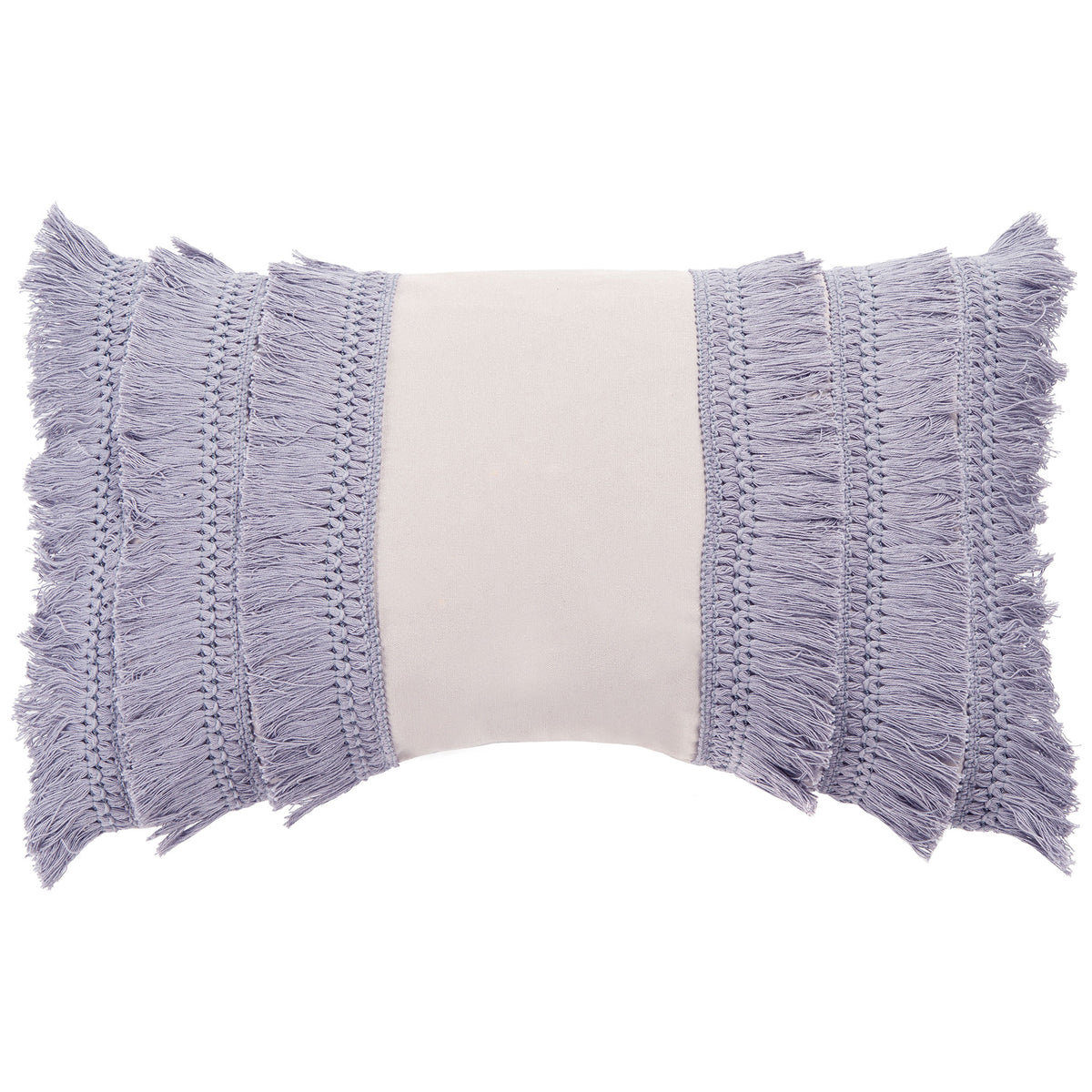 A pale center panel is flanked by textured periwinkle bands and long fringe on this lumbar pillow. || PLS7142F-1220 || front_studio
