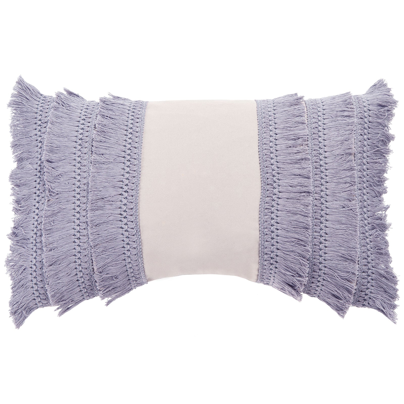 A pale center panel is flanked by textured periwinkle bands and long fringe on this lumbar pillow. || PLS7142F-1220 || front_studio
