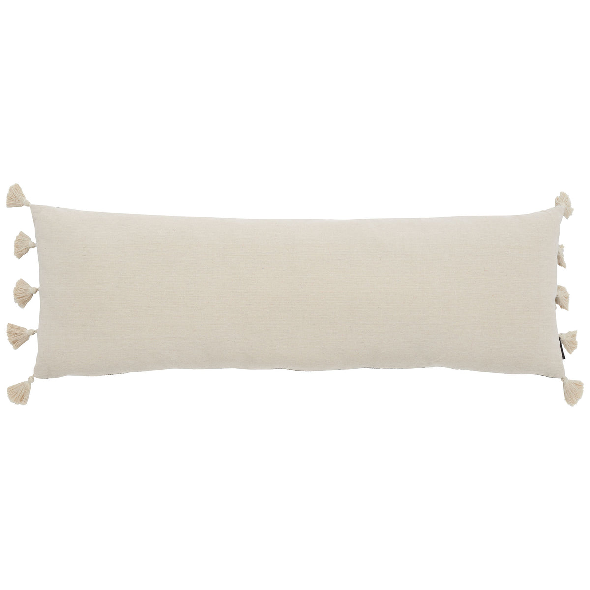 A solid beige reverse gives this long pillow a soft, versatile look, with tassels at both ends || PLS7165A-1236 || back_studio