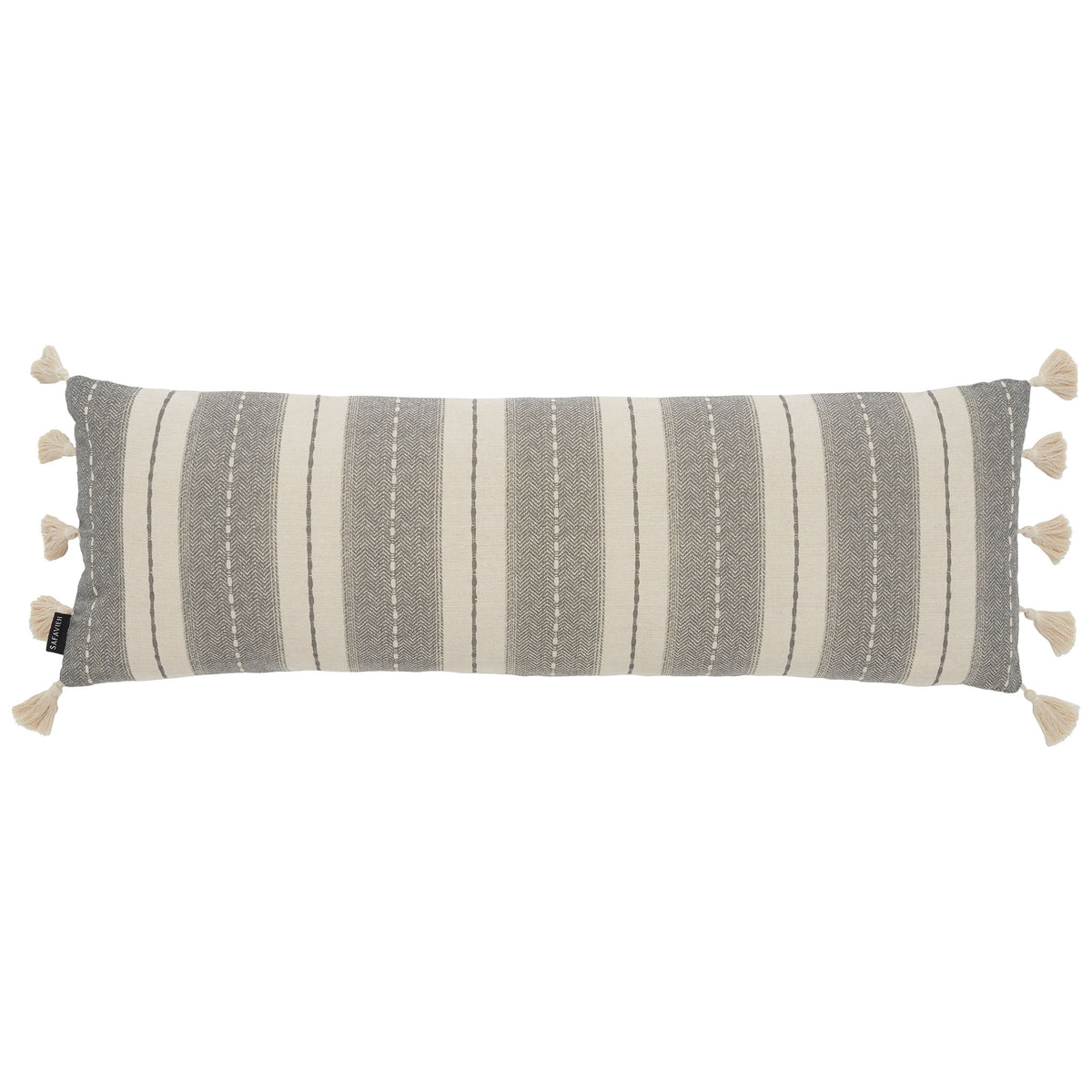 A long lumbar pillow features woven gray and beige stripes with cream tassels at both ends || PLS7165A-1236 || front_studio