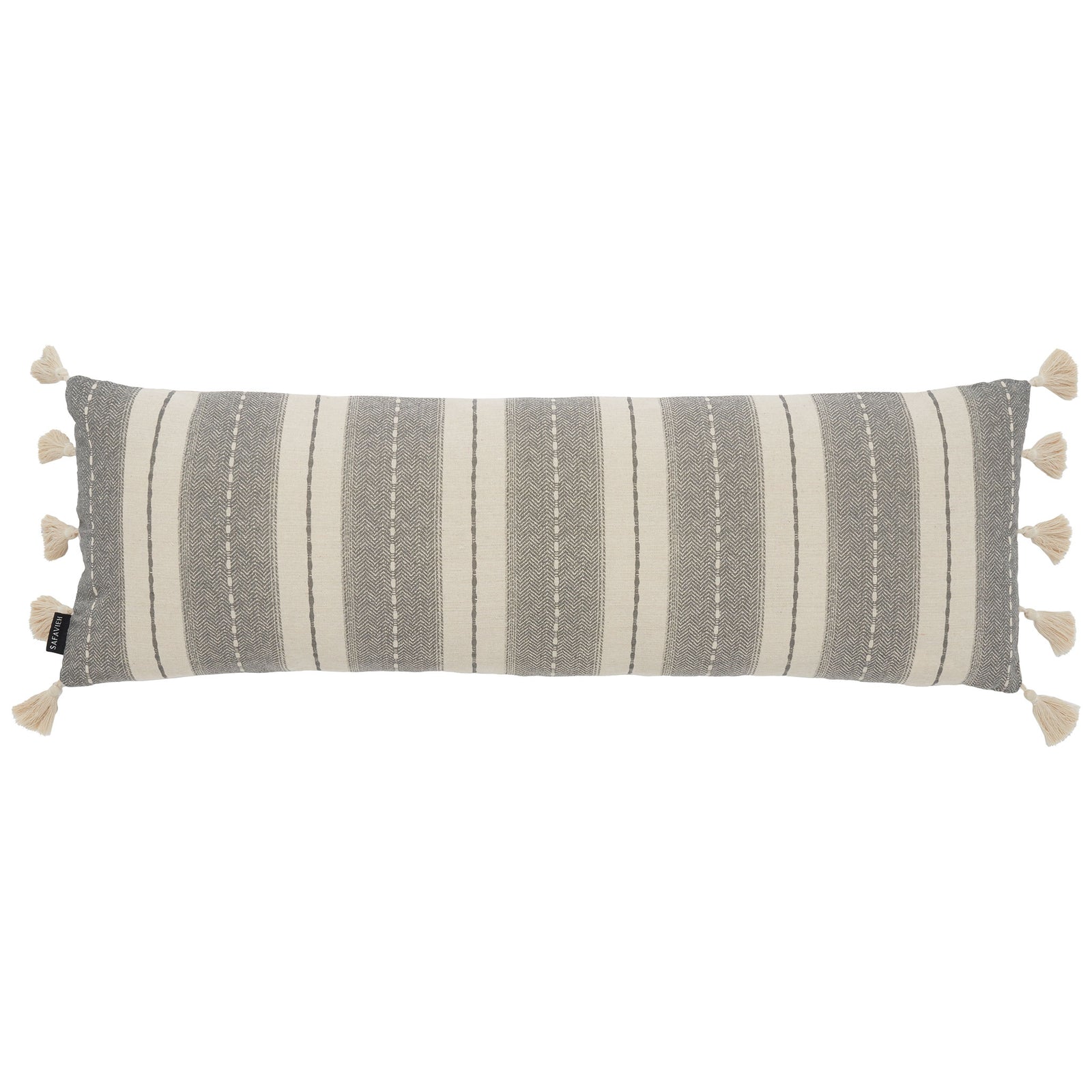 A long lumbar pillow features woven gray and beige stripes with cream tassels at both ends || PLS7165A-1236 || front_studio