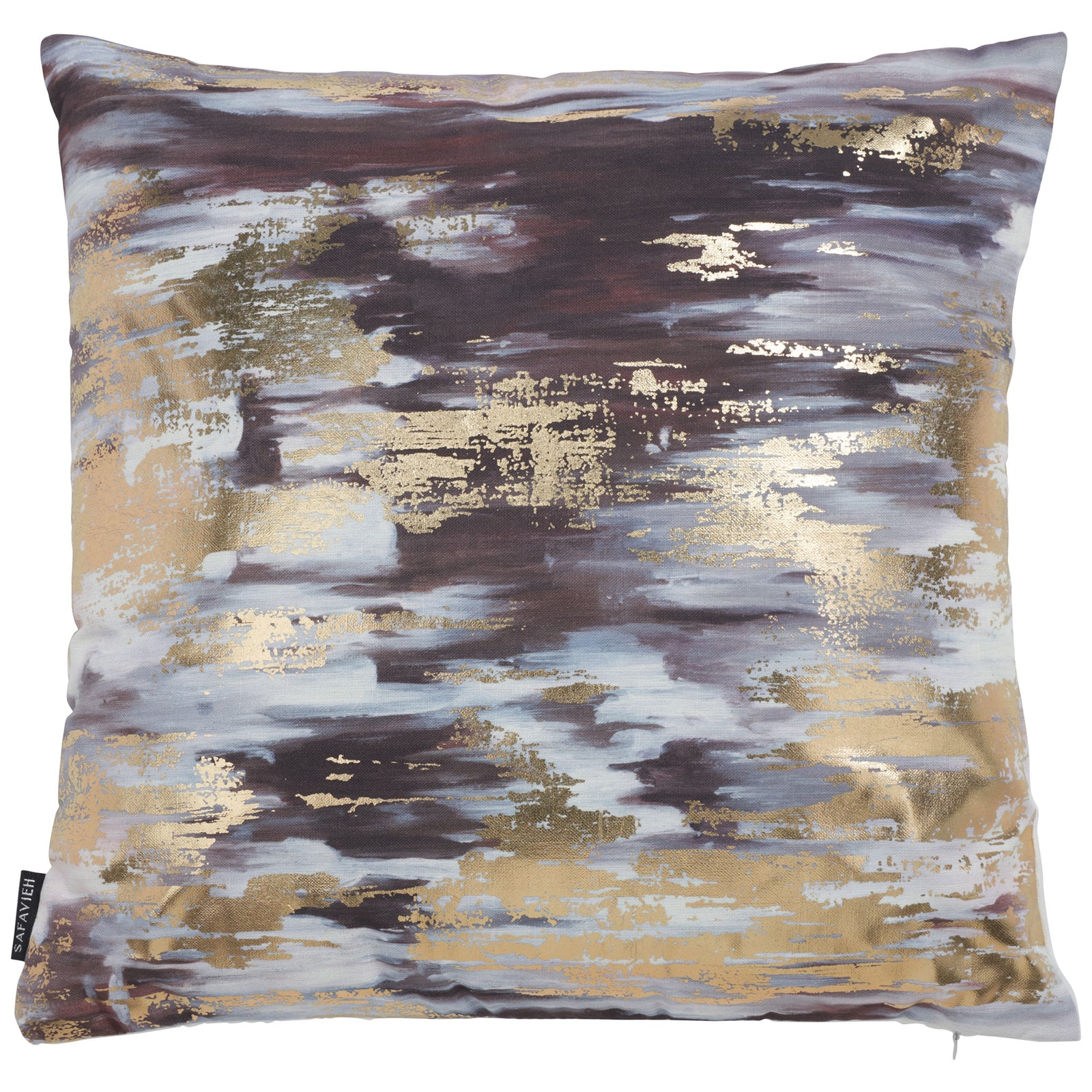 Sweeping navy and gray brushstrokes mingle with shimmering gold on this square accent pillow. || PLS7197C-1818 || front_studio