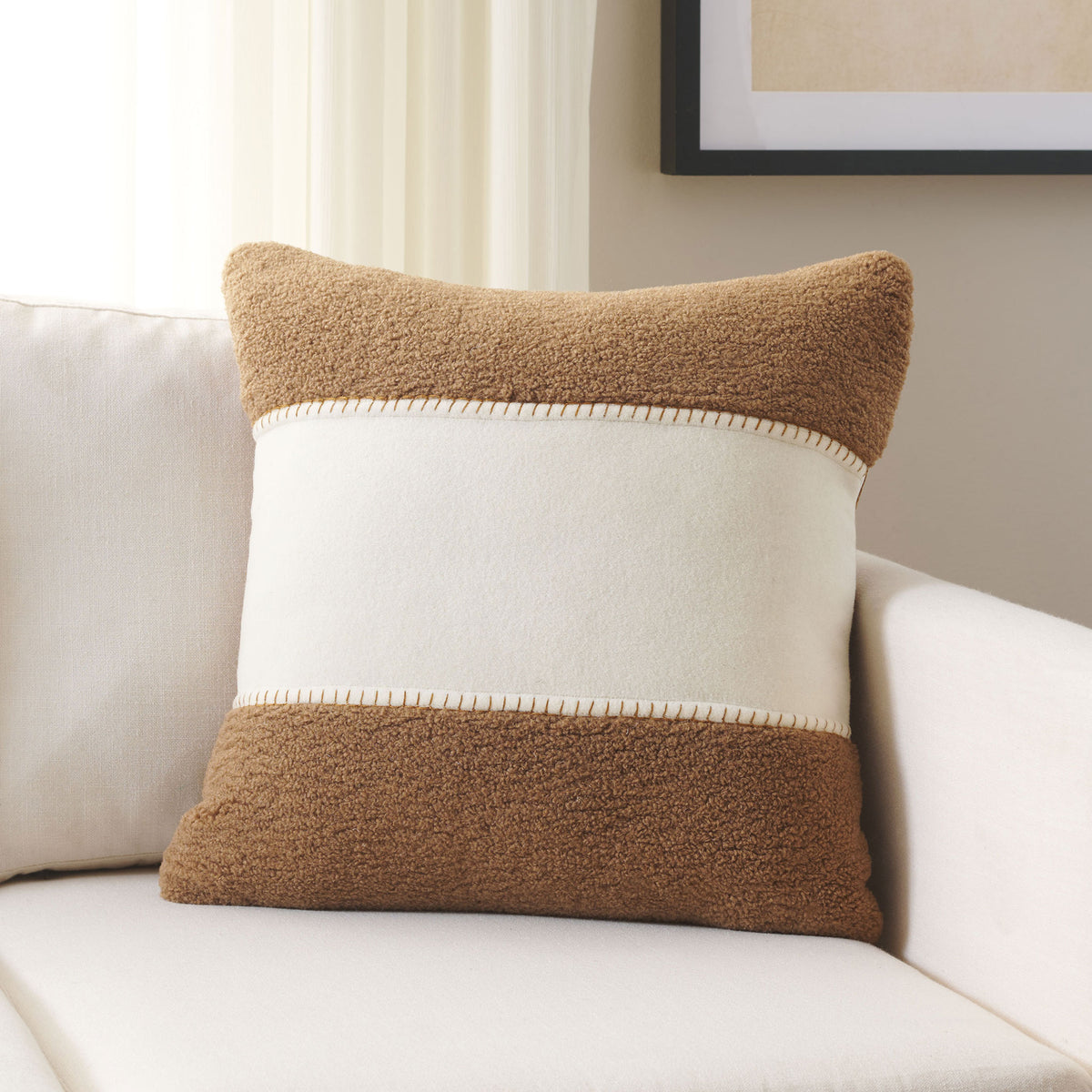 Camel textured bands and an ivory center add cozy contrast to a cream sofa || PLS7222B-2020 || front_room