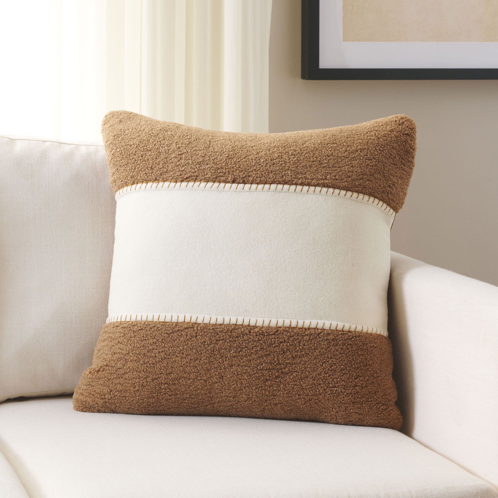 Camel textured bands and an ivory center add cozy contrast to a cream sofa || PLS7222B-2020 || front_room