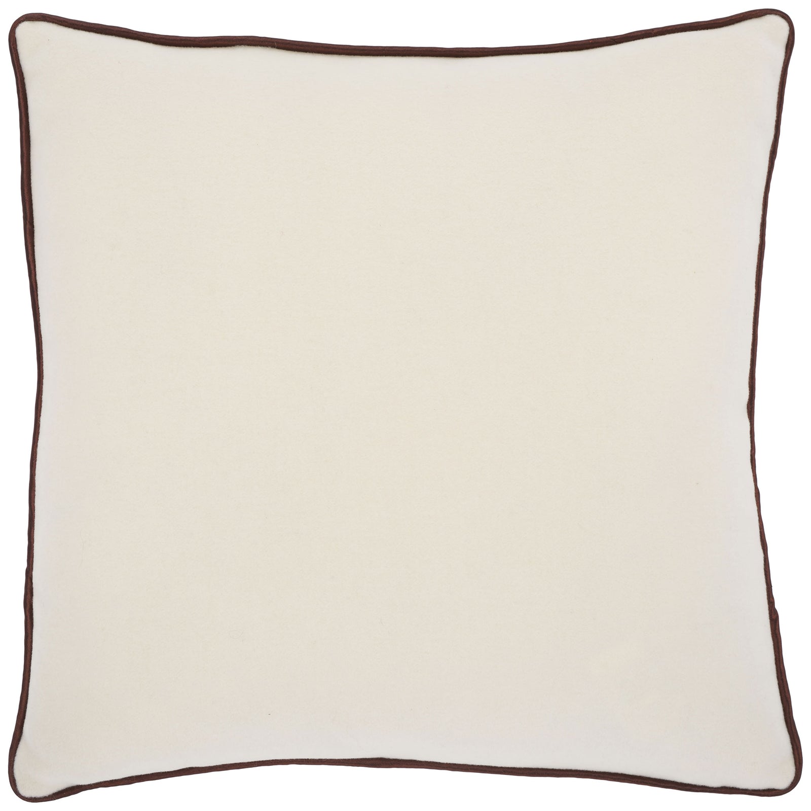 Plush ivory wool and slim brown piping give this square pillow a tailored look. || PLS7223A-1818 || front_studio