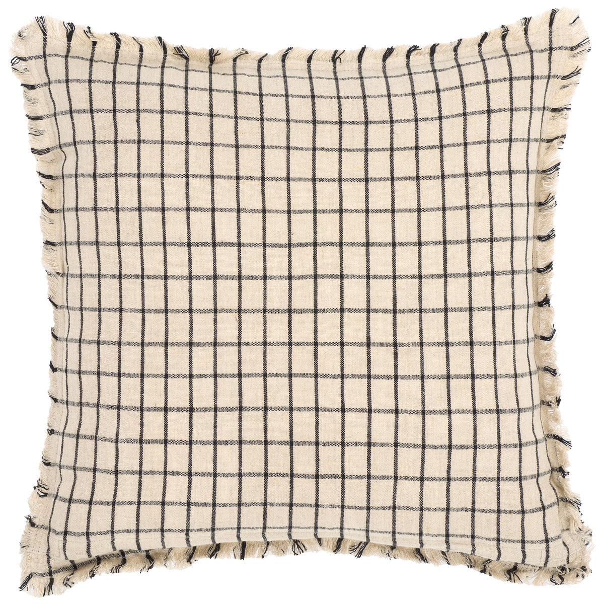 Fine black windowpane checks give this natural linen pillow crisp contrast against its soft fringe || PLS8004A-2020 || back_studio
