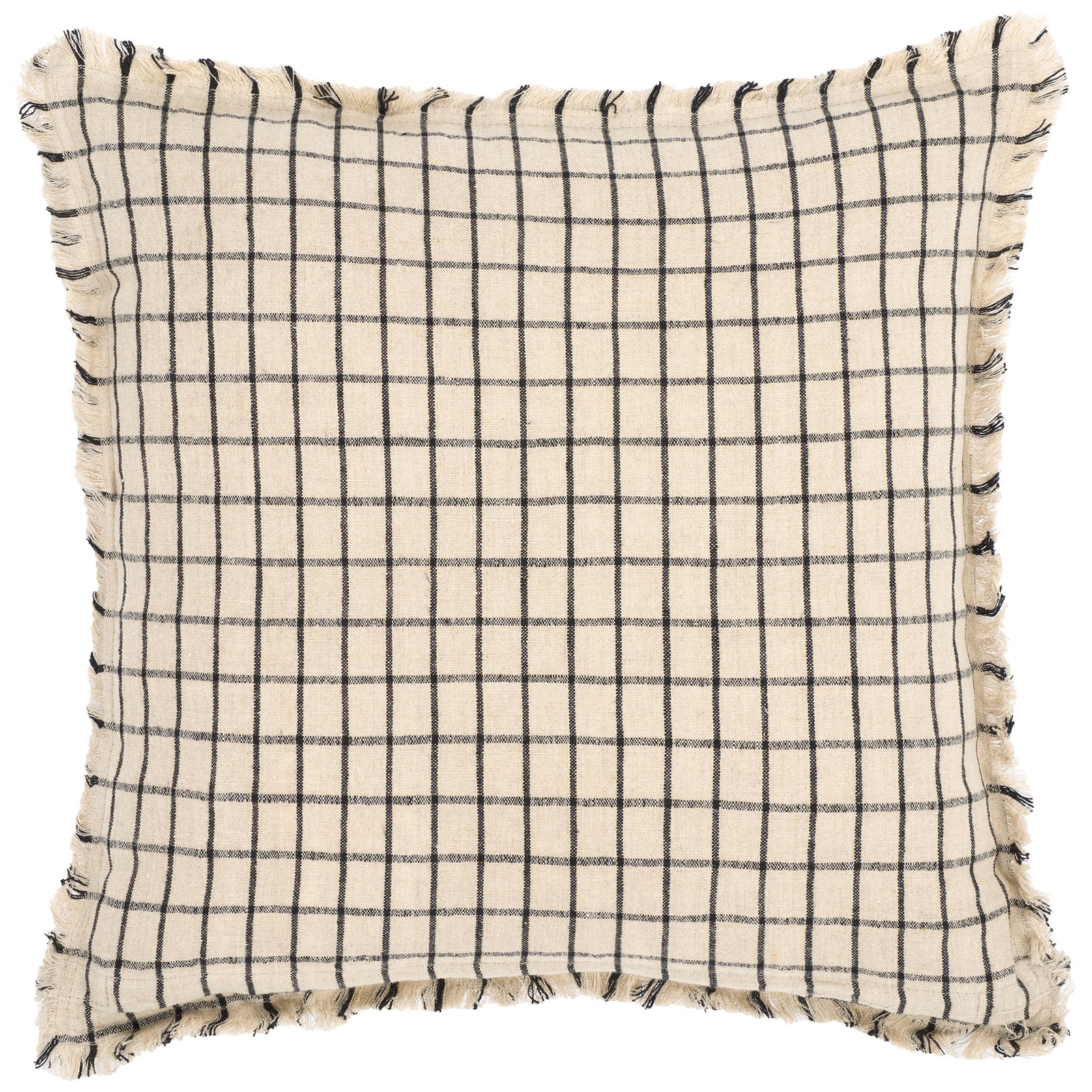 Fine black windowpane checks give this natural linen pillow crisp contrast against its soft fringe || PLS8004A-2020 || back_studio
