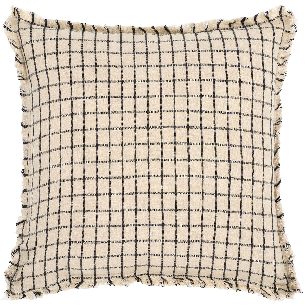 Fringed edges add a casual touch to this square linen pillow with fine black checks || PLS8004A-2020 || front_studio