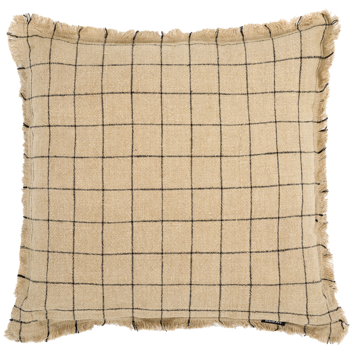 Textured natural linen pillow features a fine black grid and softly fringed edges || PLS8005A-2020 || back_studio