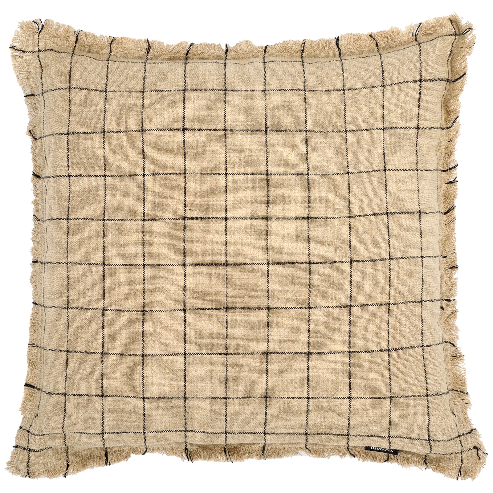 Textured natural linen pillow features a fine black grid and softly fringed edges || PLS8005A-2020 || back_studio