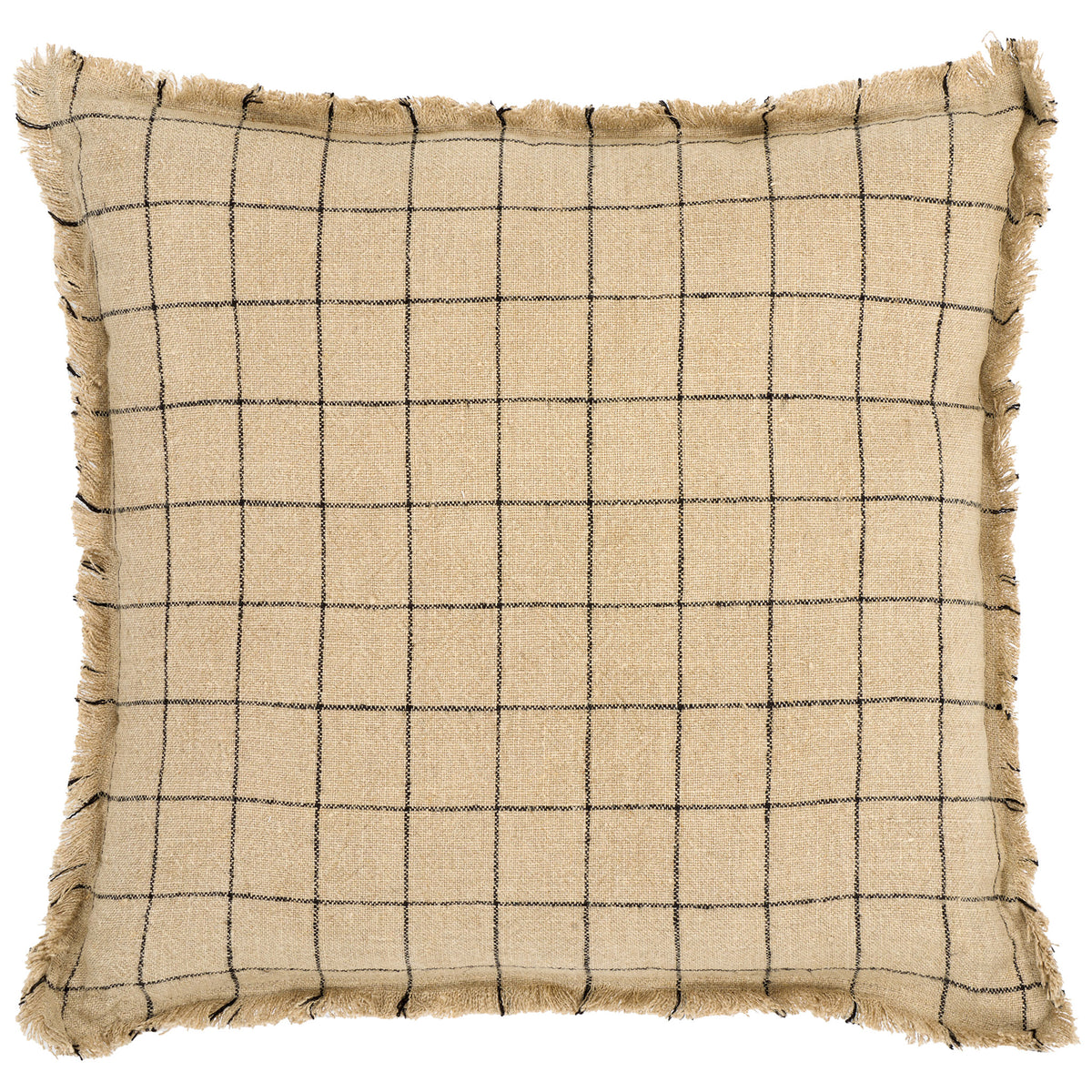 Natural linen accent pillow pairs a crisp black check with relaxed fringe on every edge || PLS8005A-2020 || front_studio