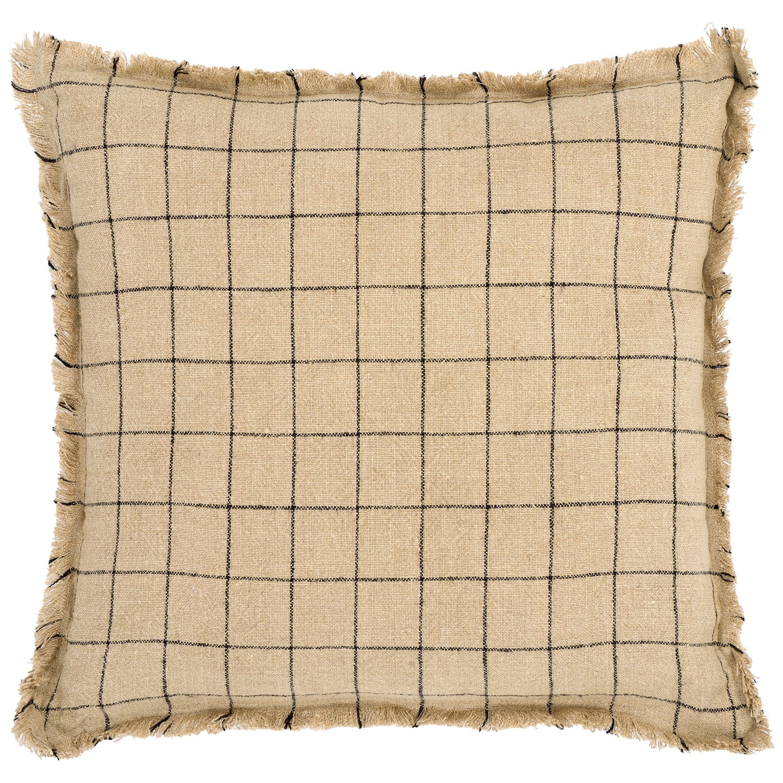 Natural linen accent pillow pairs a crisp black check with relaxed fringe on every edge || PLS8005A-2020 || front_studio