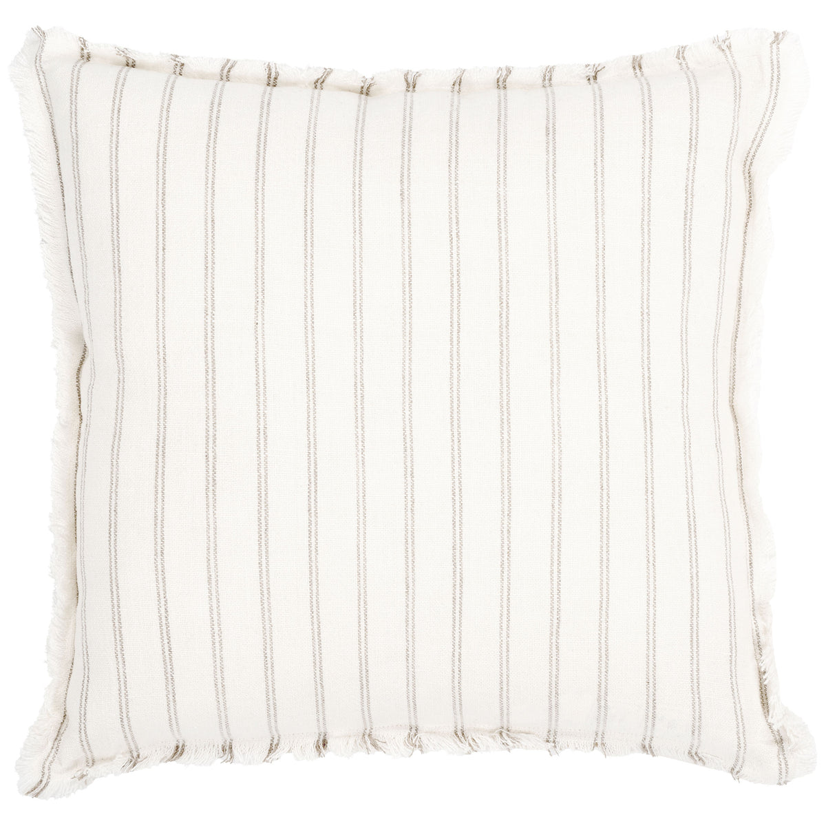 A square ivory linen pillow with fine natural stripes and softly frayed trim || PLS8007A-2020 || front_studio