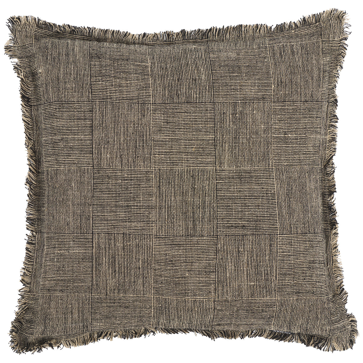 A varied grid of black-and-natural woven lines meets soft fringe around the pillow's edges. || PLS8008A-2020 || back_studio