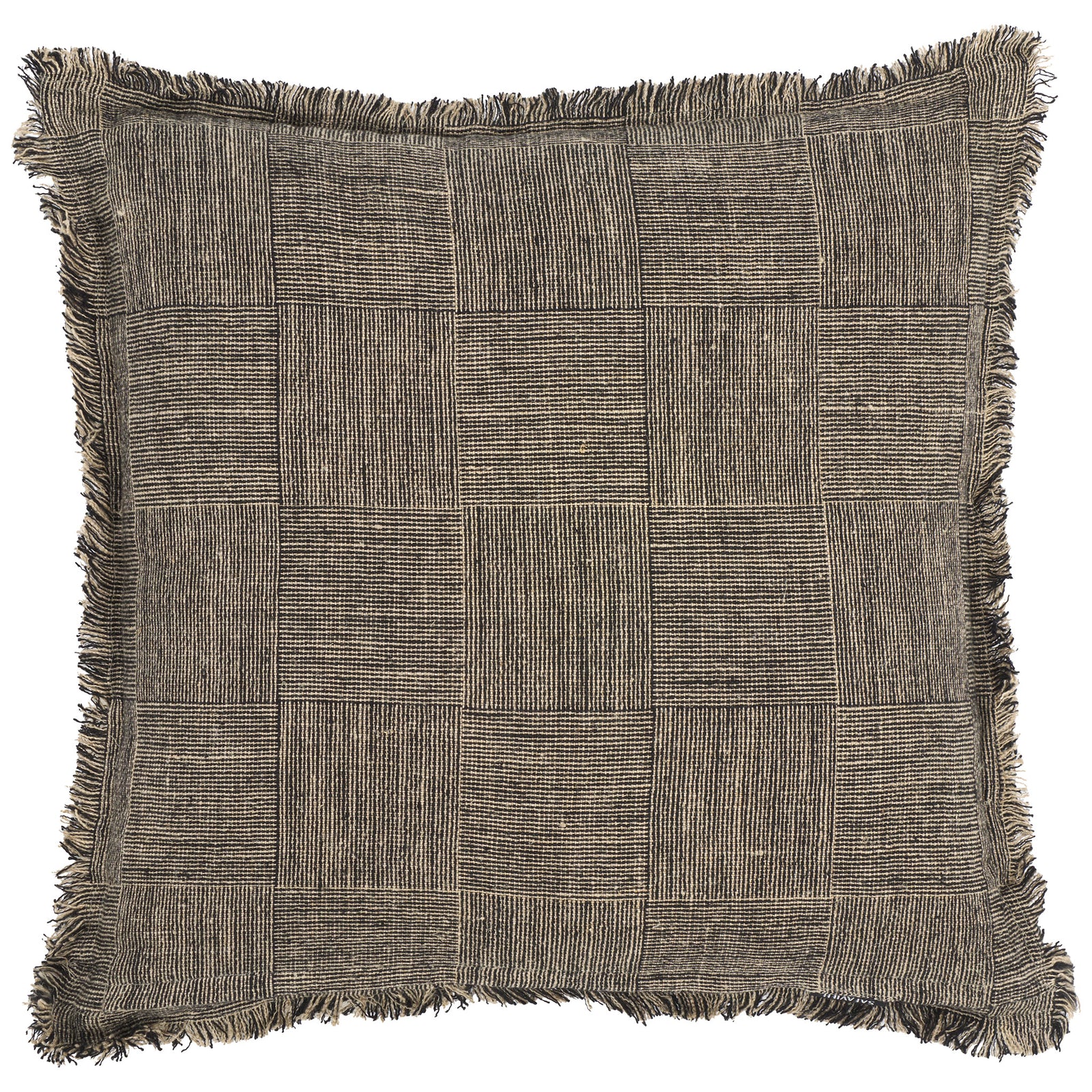 A varied grid of black-and-natural woven lines meets soft fringe around the pillow's edges. || PLS8008A-2020 || back_studio