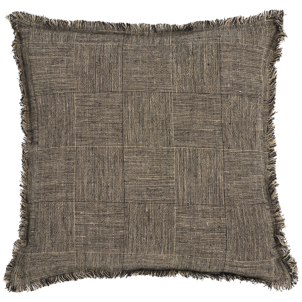 Black-and-natural linen pillow pairs a woven patchwork pattern with fringed edges. || PLS8008A-2020 || front_studio