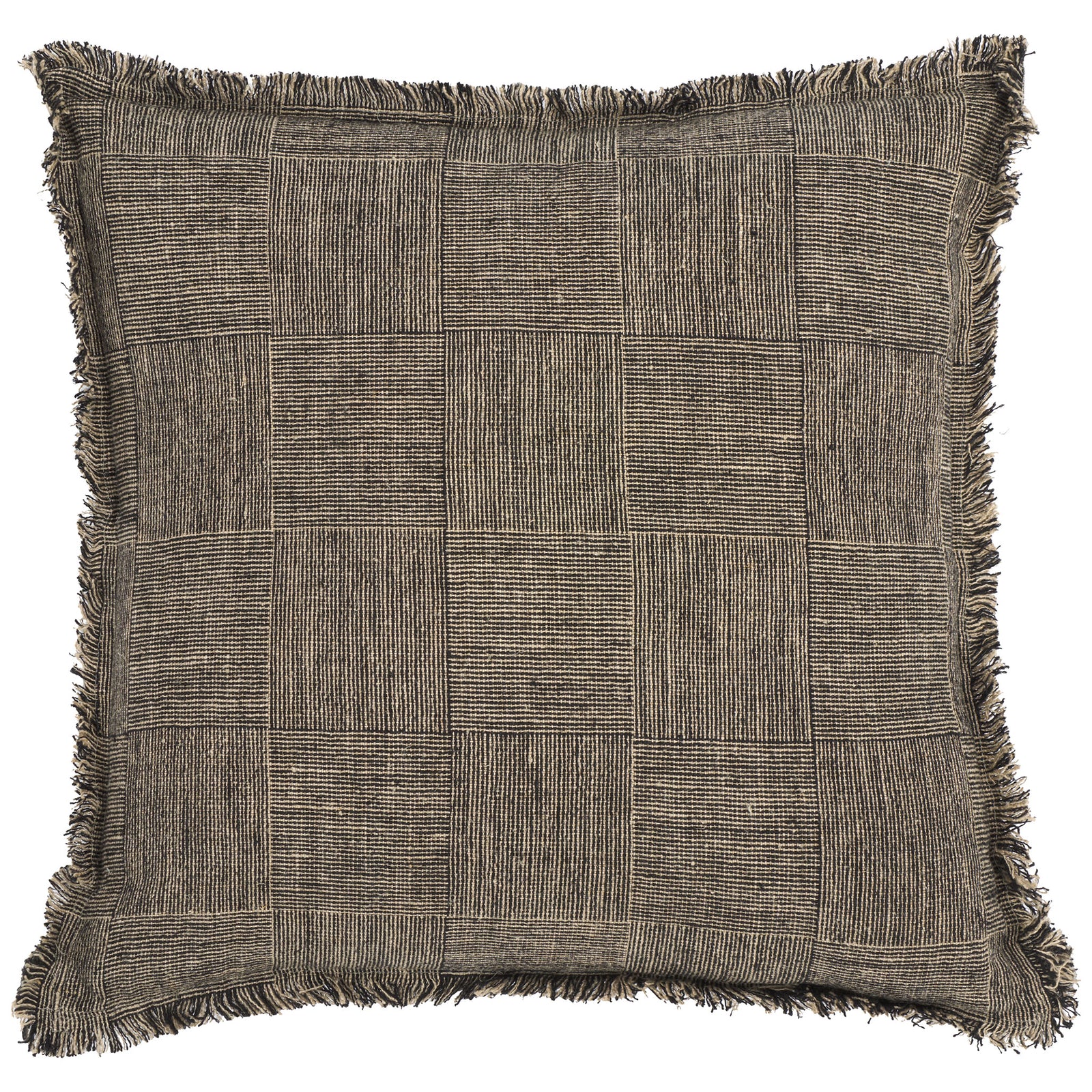 Black-and-natural linen pillow pairs a woven patchwork pattern with fringed edges. || PLS8008A-2020 || front_studio